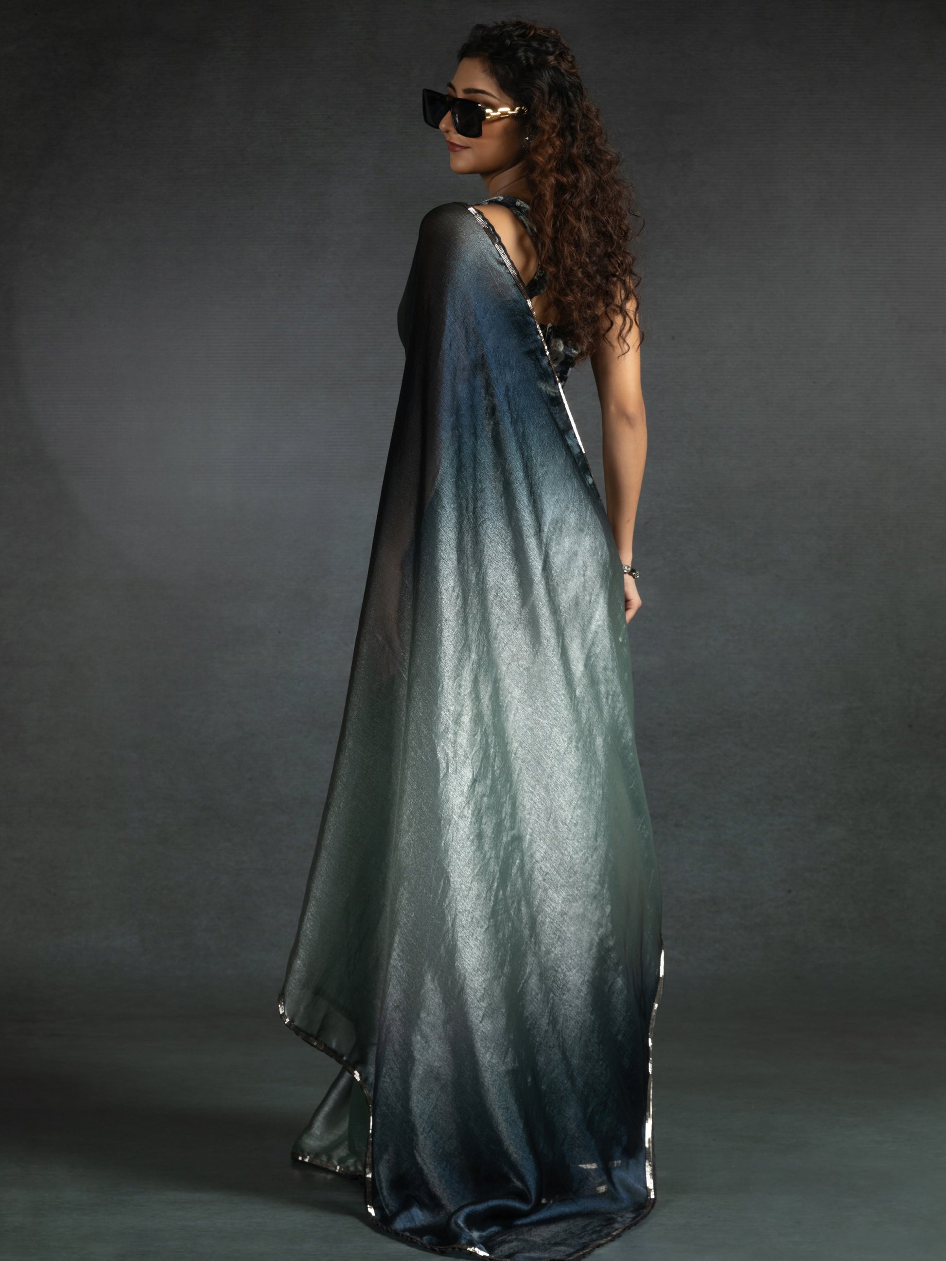 Attractive Grey & Blue Satin Designer Pre-Stitched Saree With Blouse