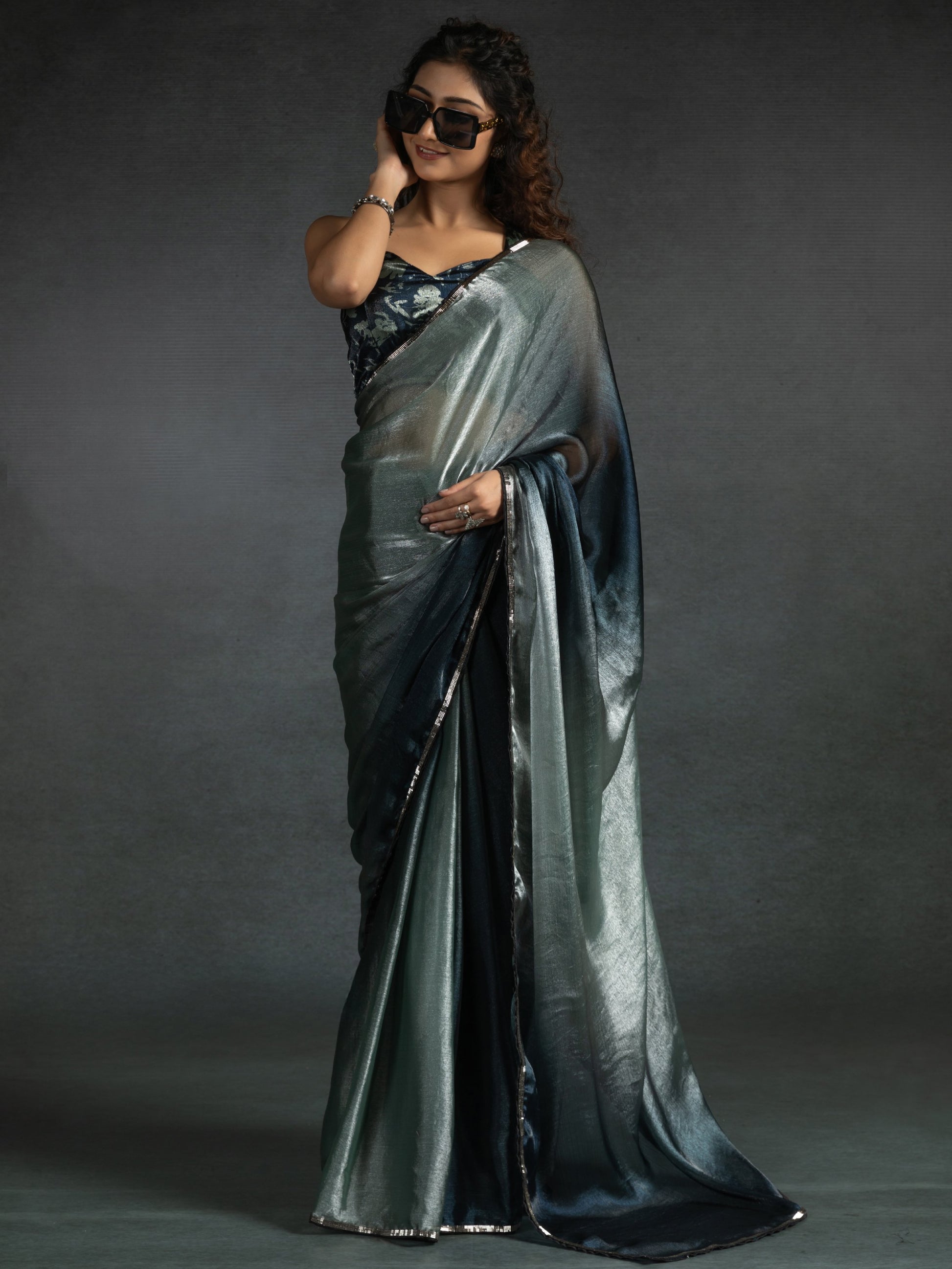 Attractive Grey & Blue Satin Designer Pre-Stitched Saree With Blouse