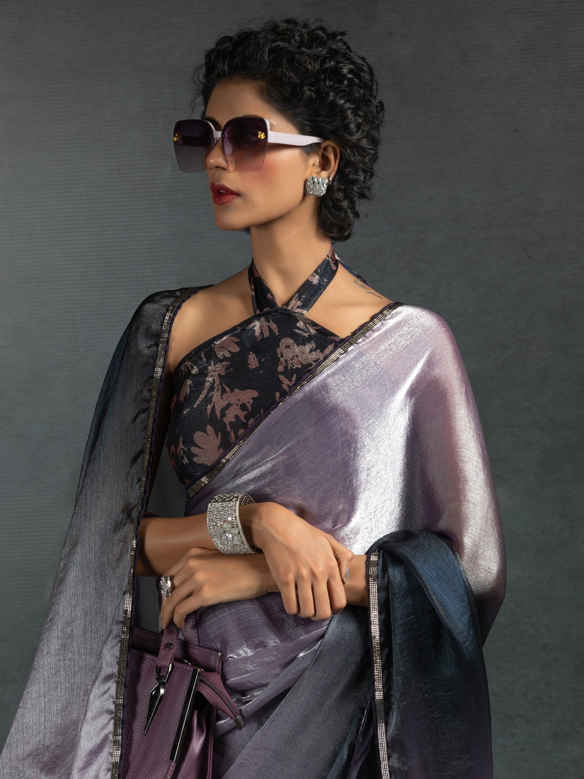 Beautiful Lavender Satin Bollywood Pre-Stitched Saree With Blouse
