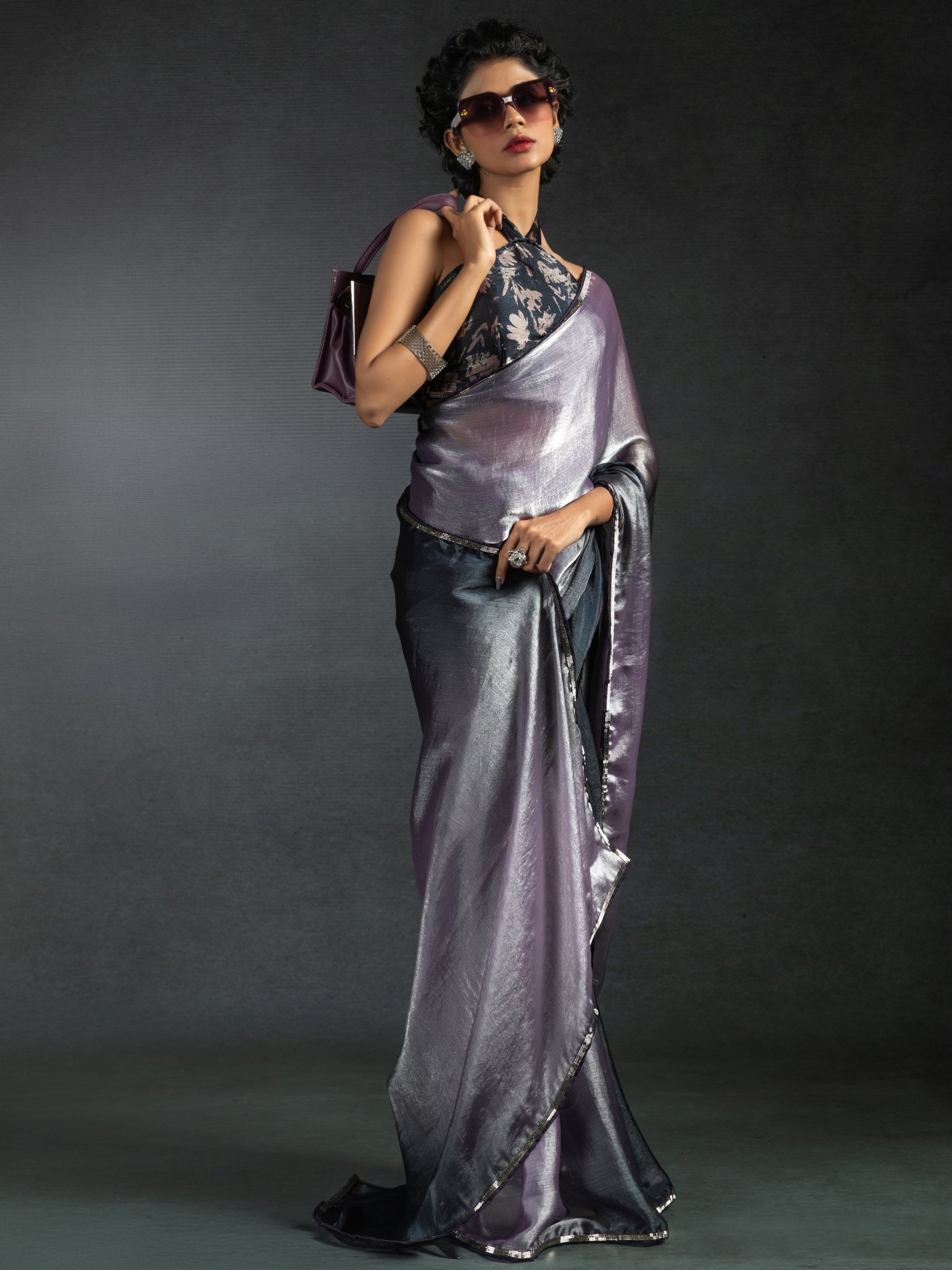 Beautiful Lavender Satin Bollywood Pre-Stitched Saree With Blouse