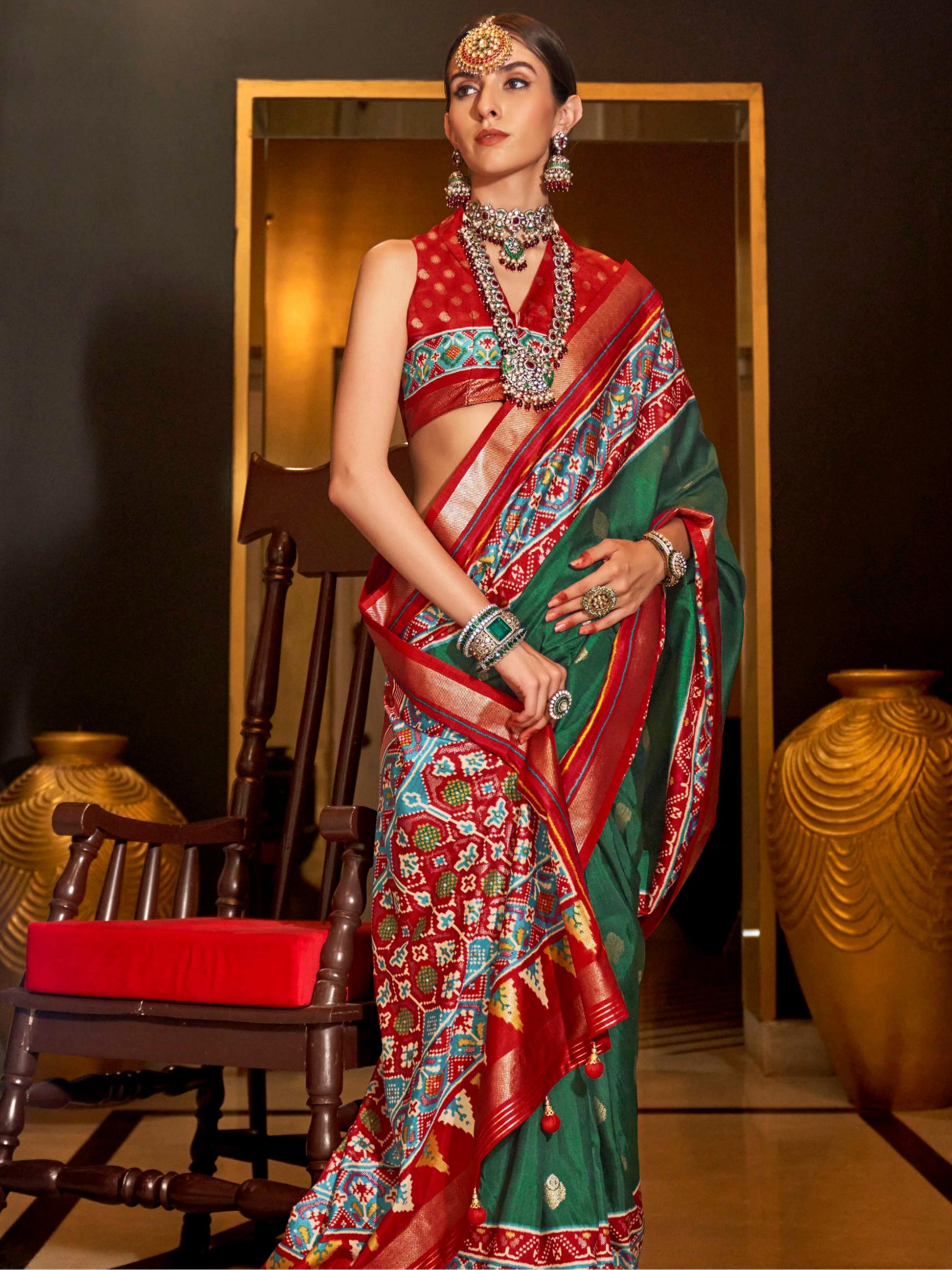 Beautiful Green Patola Printed Silk Event Wear Saree With Blouse