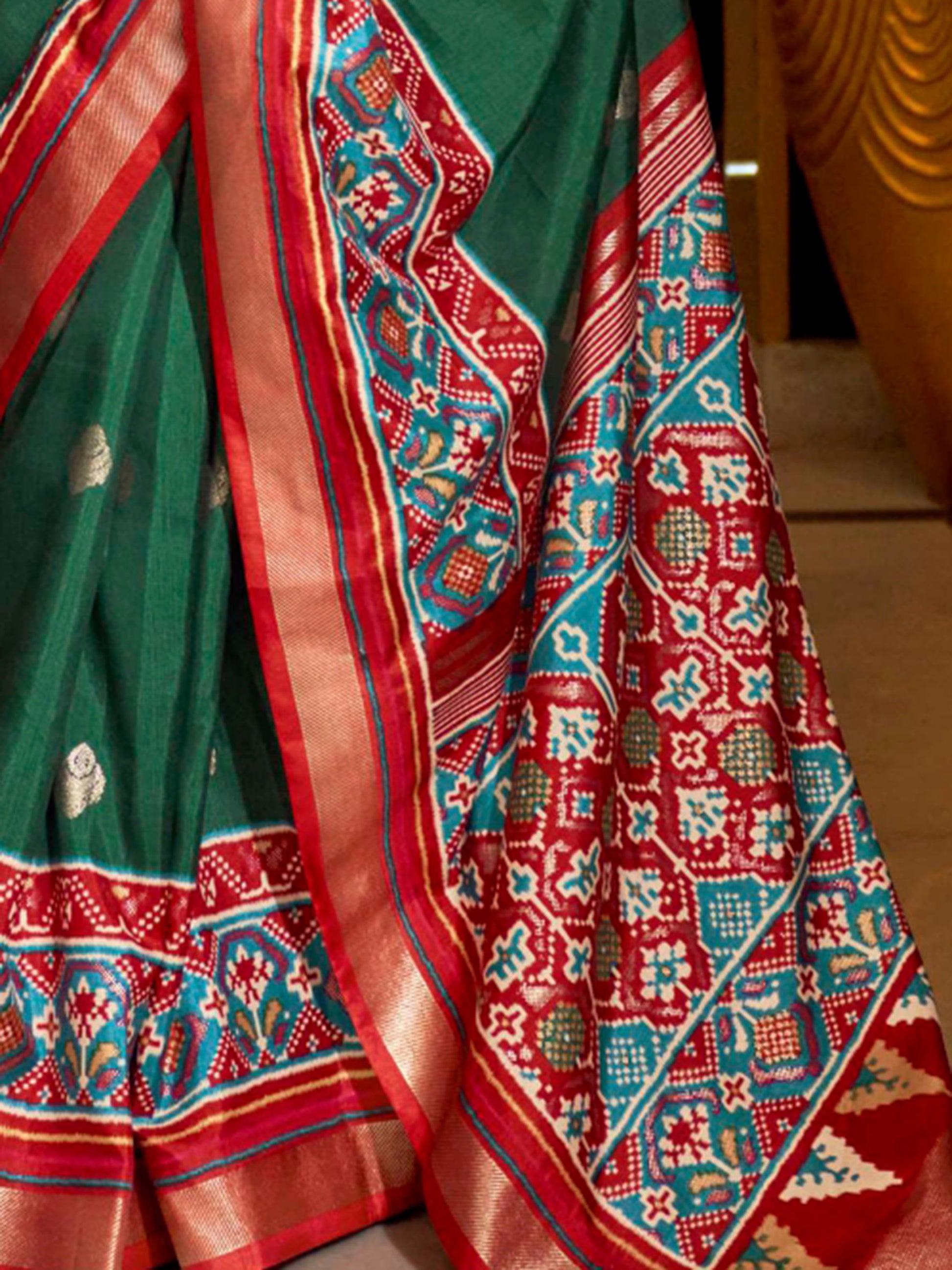 Beautiful Green Patola Printed Silk Event Wear Saree With Blouse