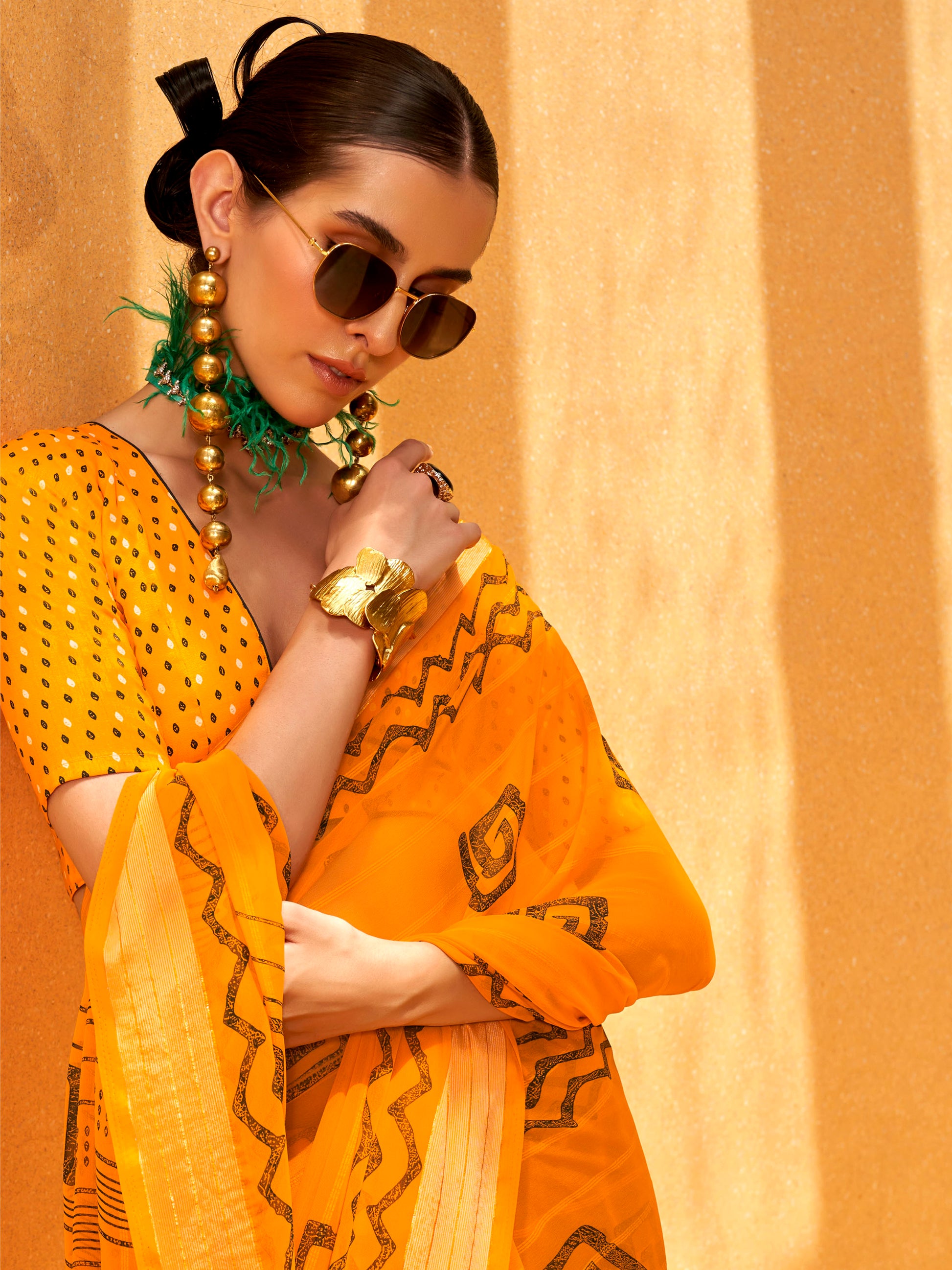 Alluring Yellow Foil Printed Georgette Haldi Wear Saree With Blouse