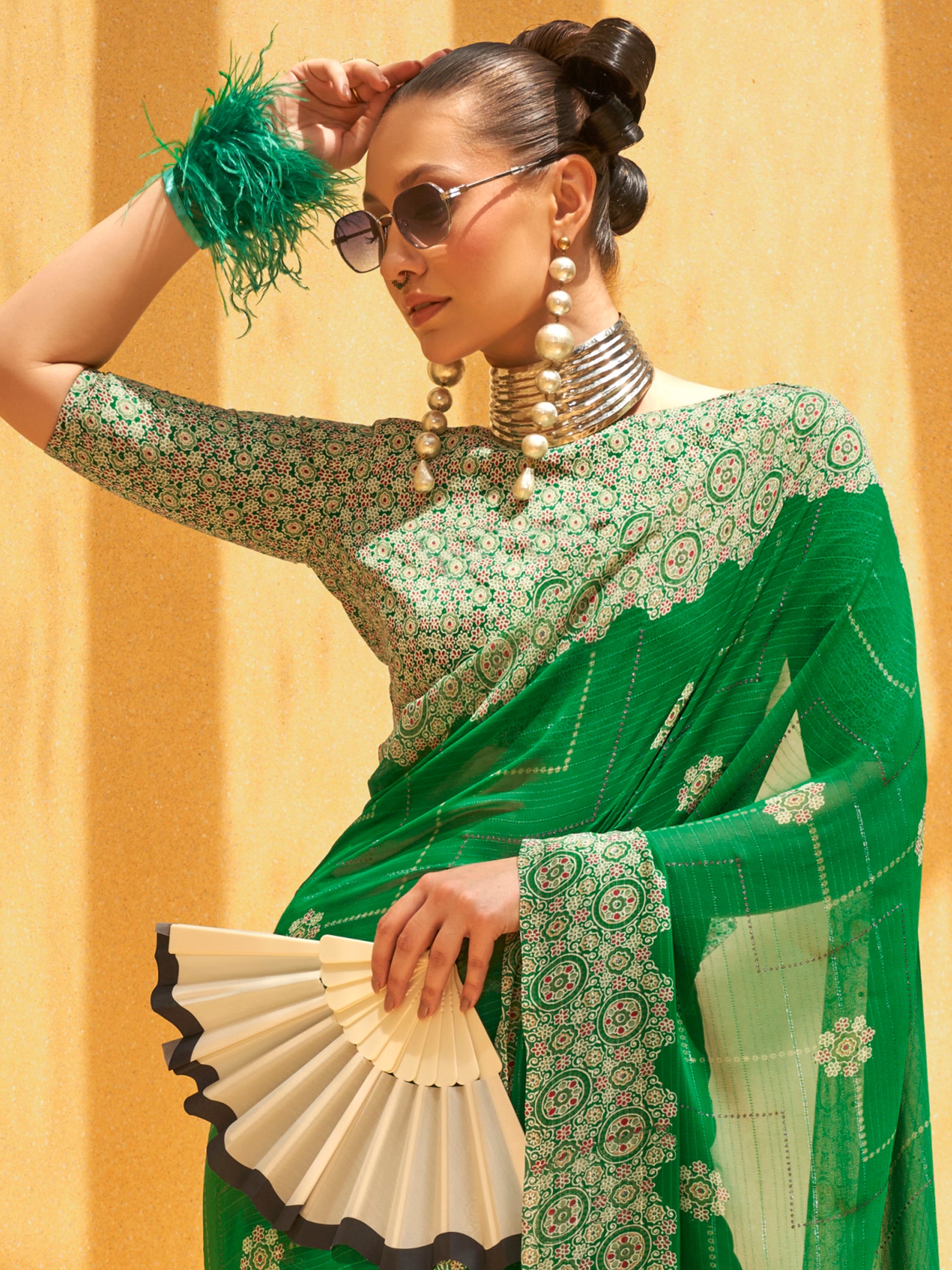 Gorgeous Green Foil Printed Georgette Mehendi Wear Saree With Blouse