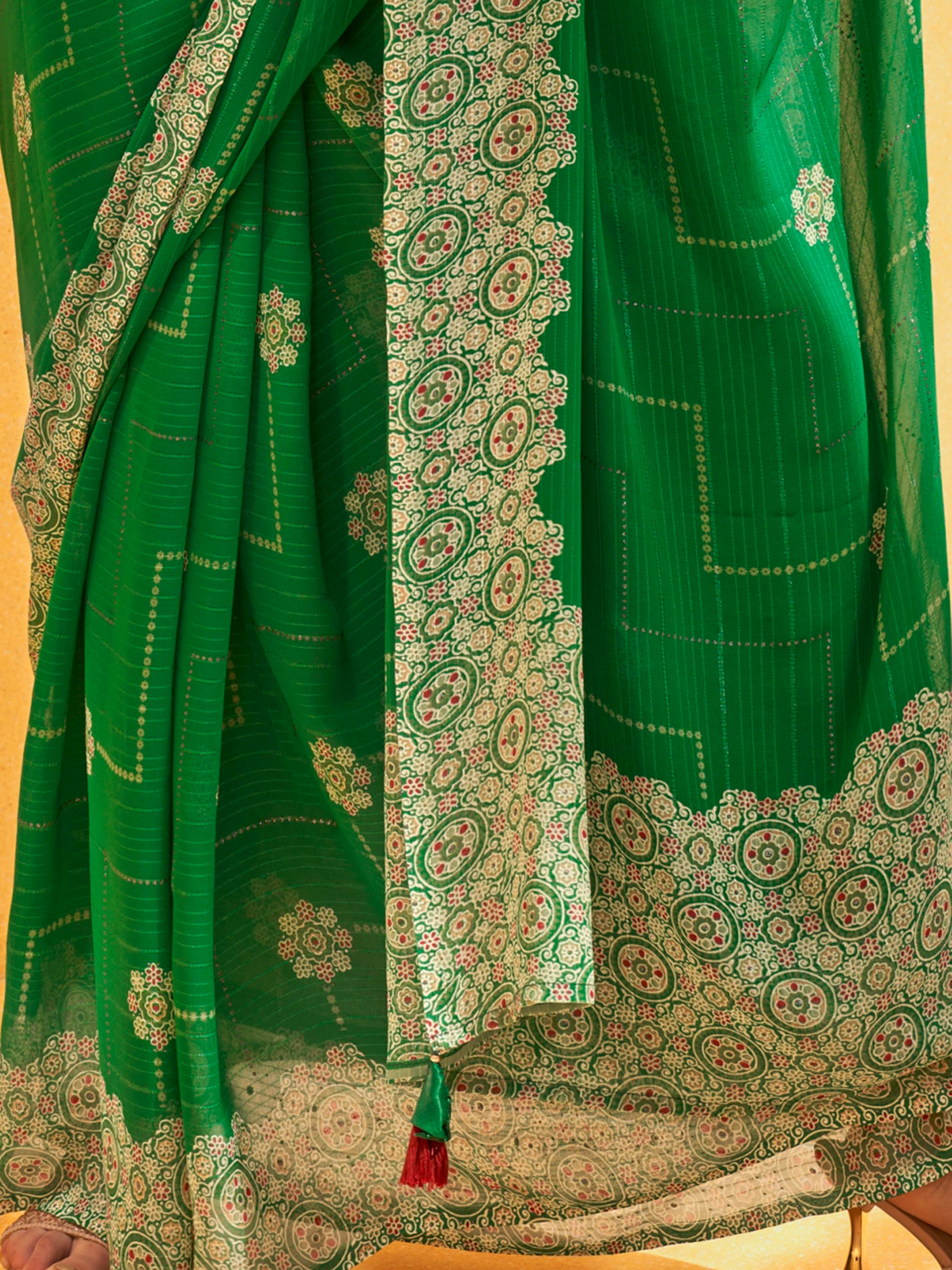 Gorgeous Green Foil Printed Georgette Mehendi Wear Saree With Blouse