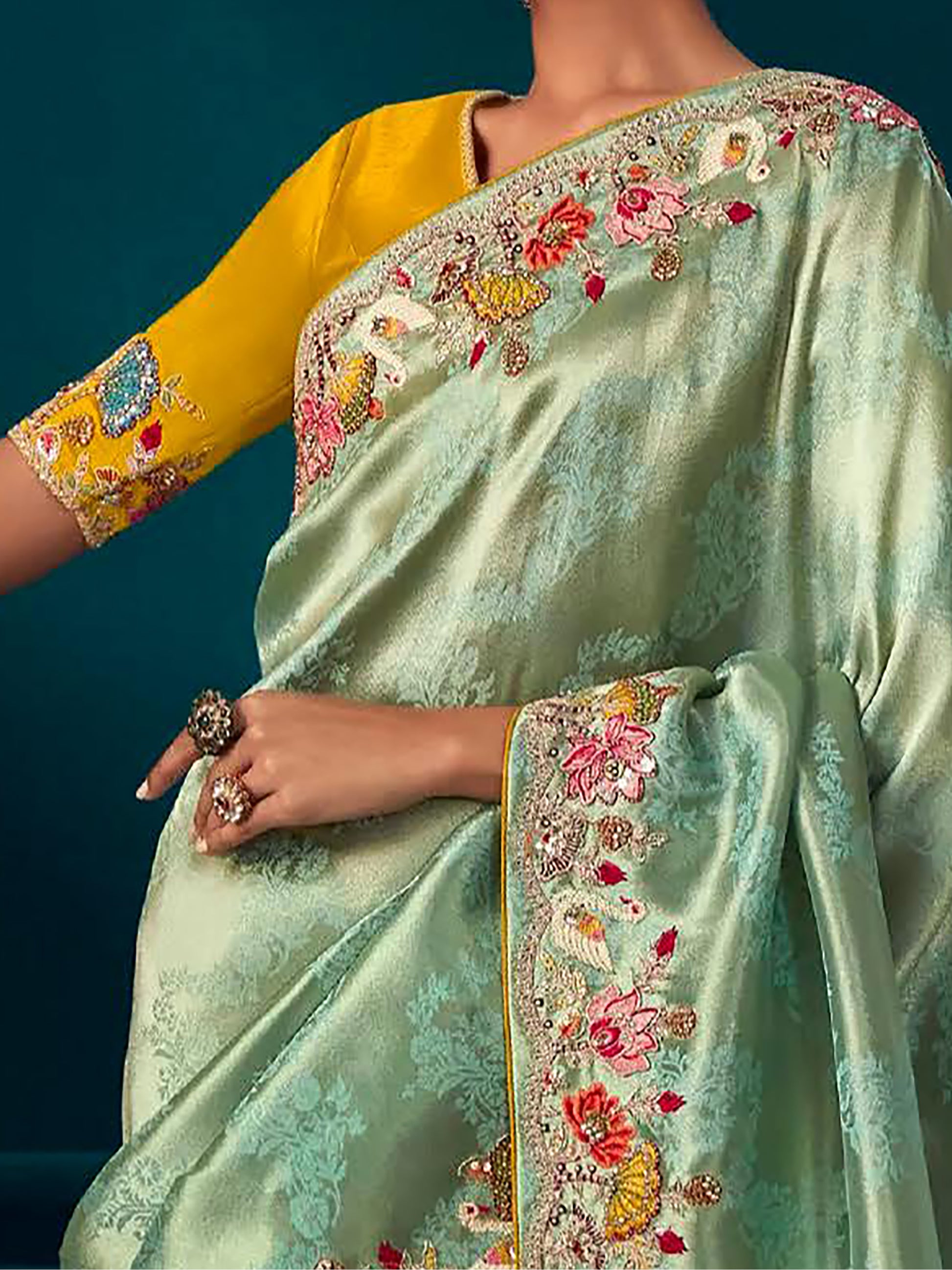 Marvelous Mint Green Embroidered Kanjivaram Silk Designer Saree