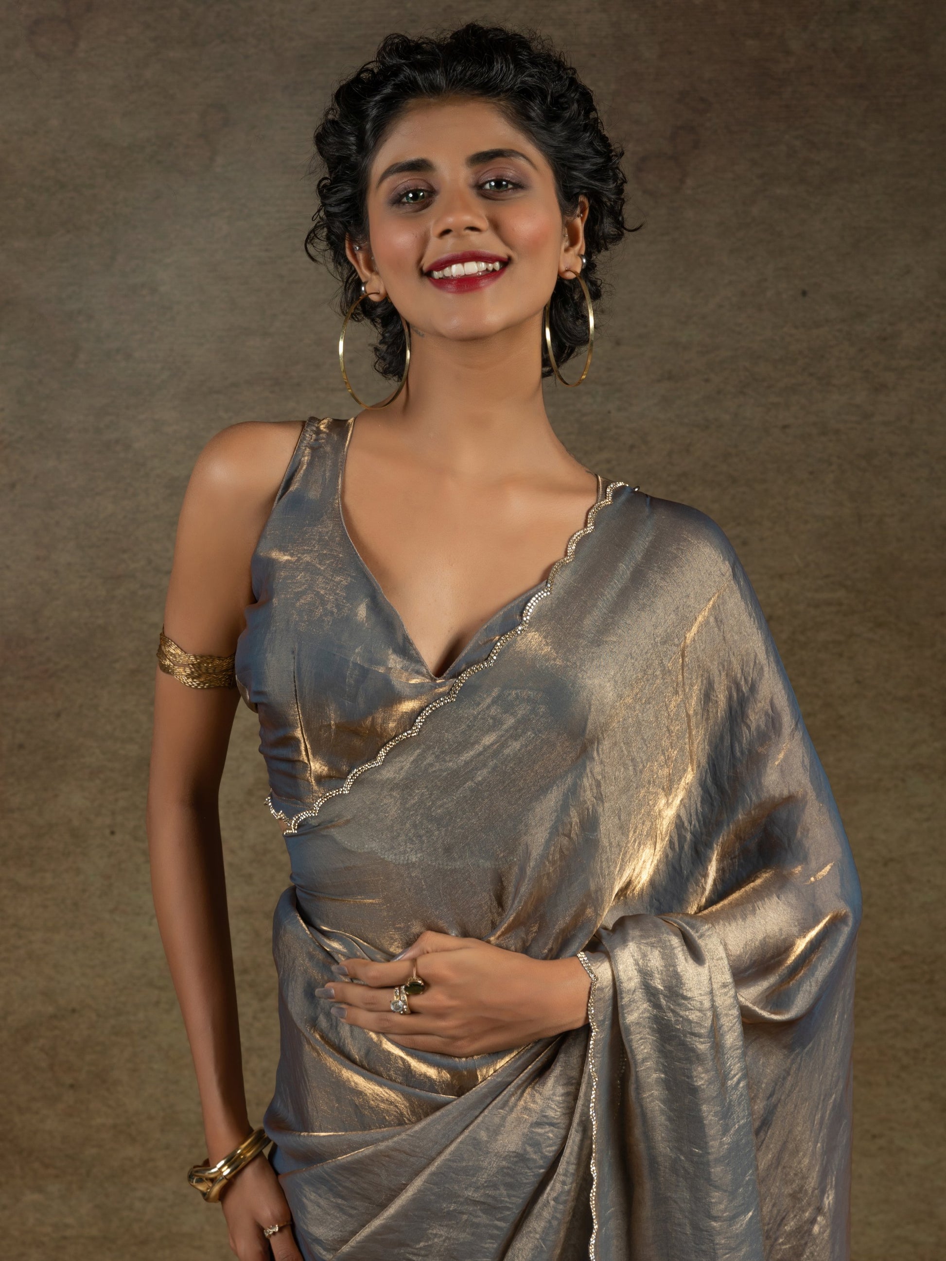 Amazing Grey Border Work Satin Party Wear Pre-Stitched Saree With Blouse