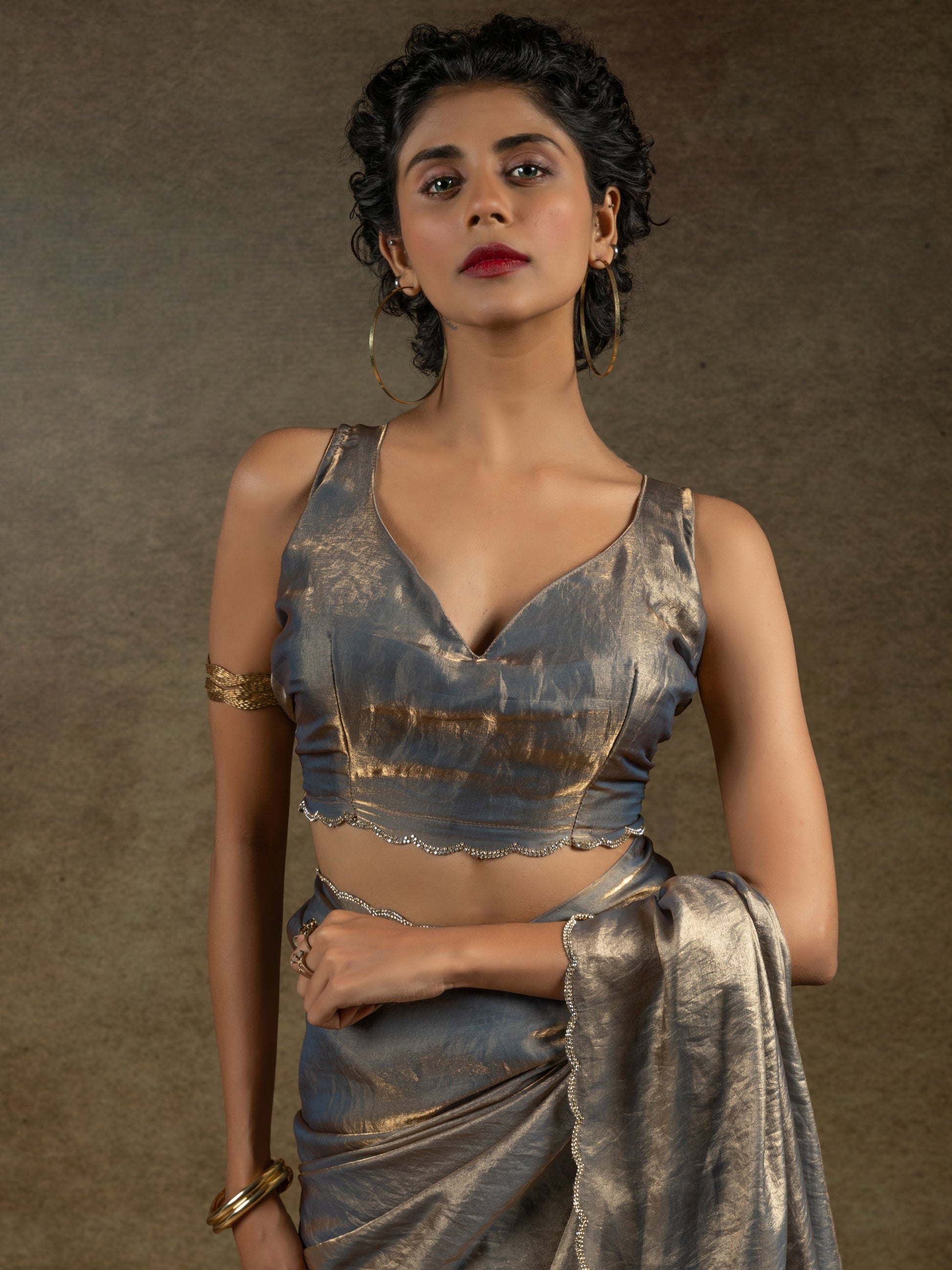 Amazing Grey Border Work Satin Party Wear Pre-Stitched Saree With Blouse