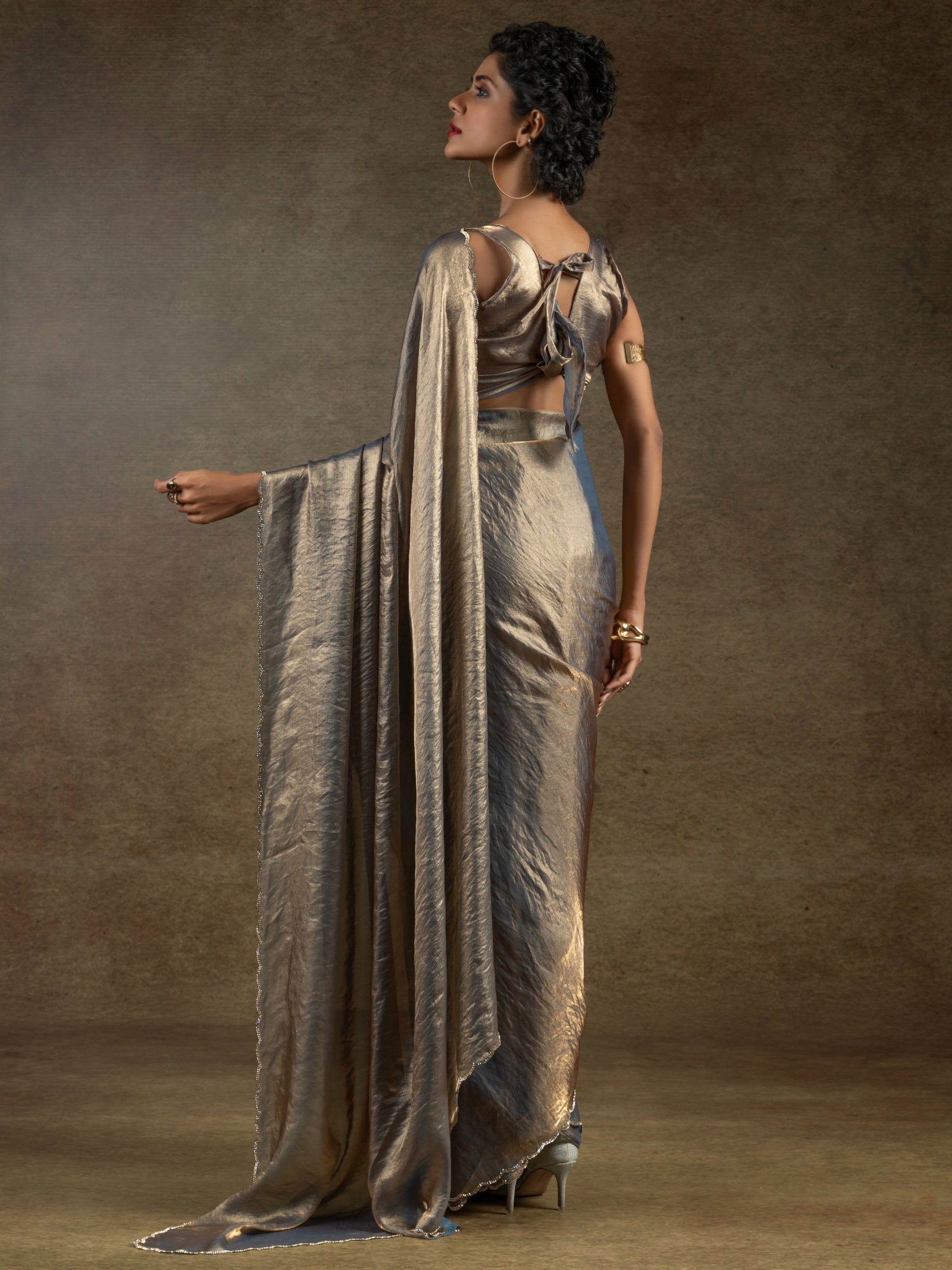Amazing Grey Border Work Satin Party Wear Pre-Stitched Saree With Blouse
