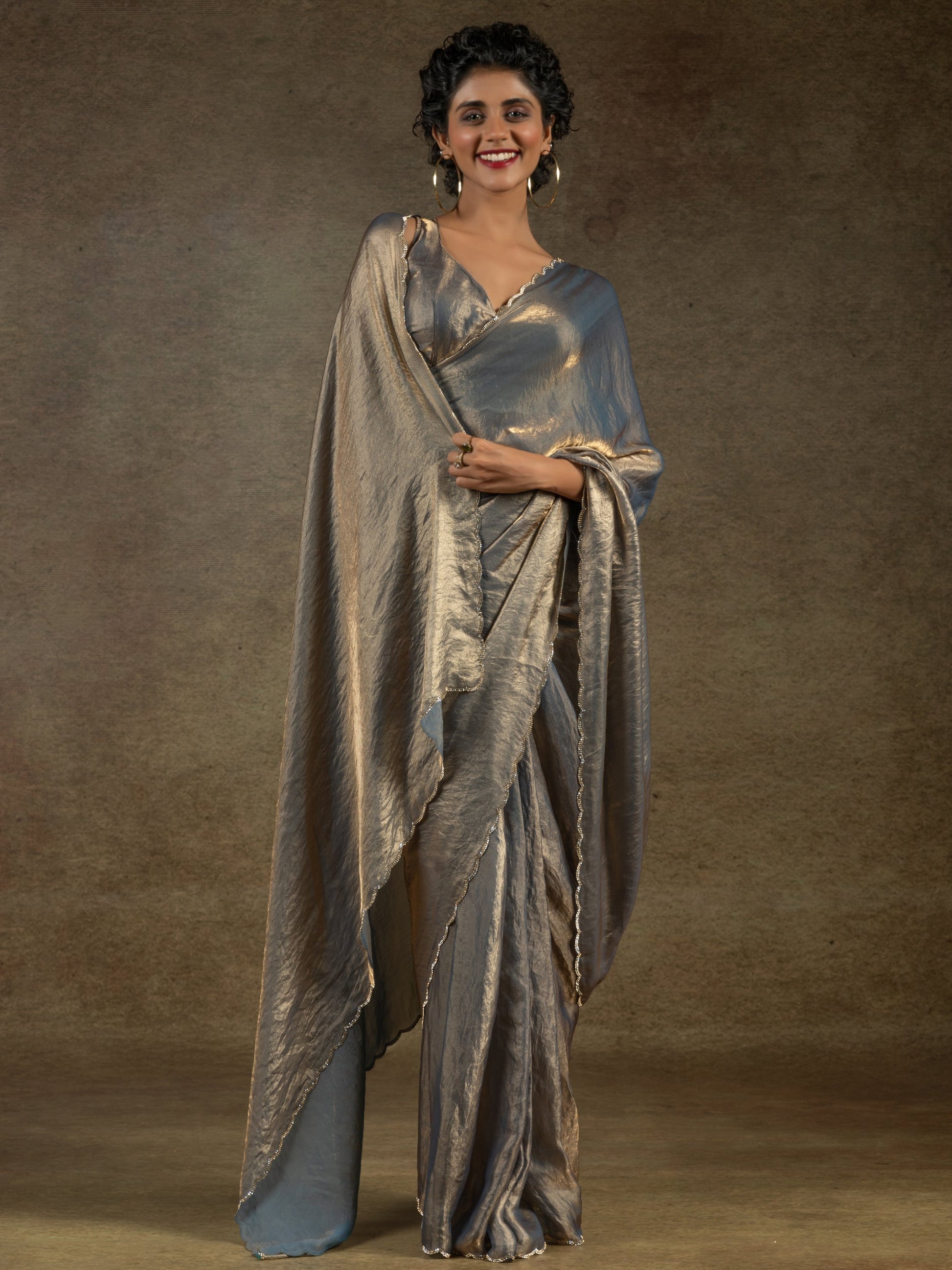 Amazing Grey Border Work Satin Party Wear Pre-Stitched Saree With Blouse