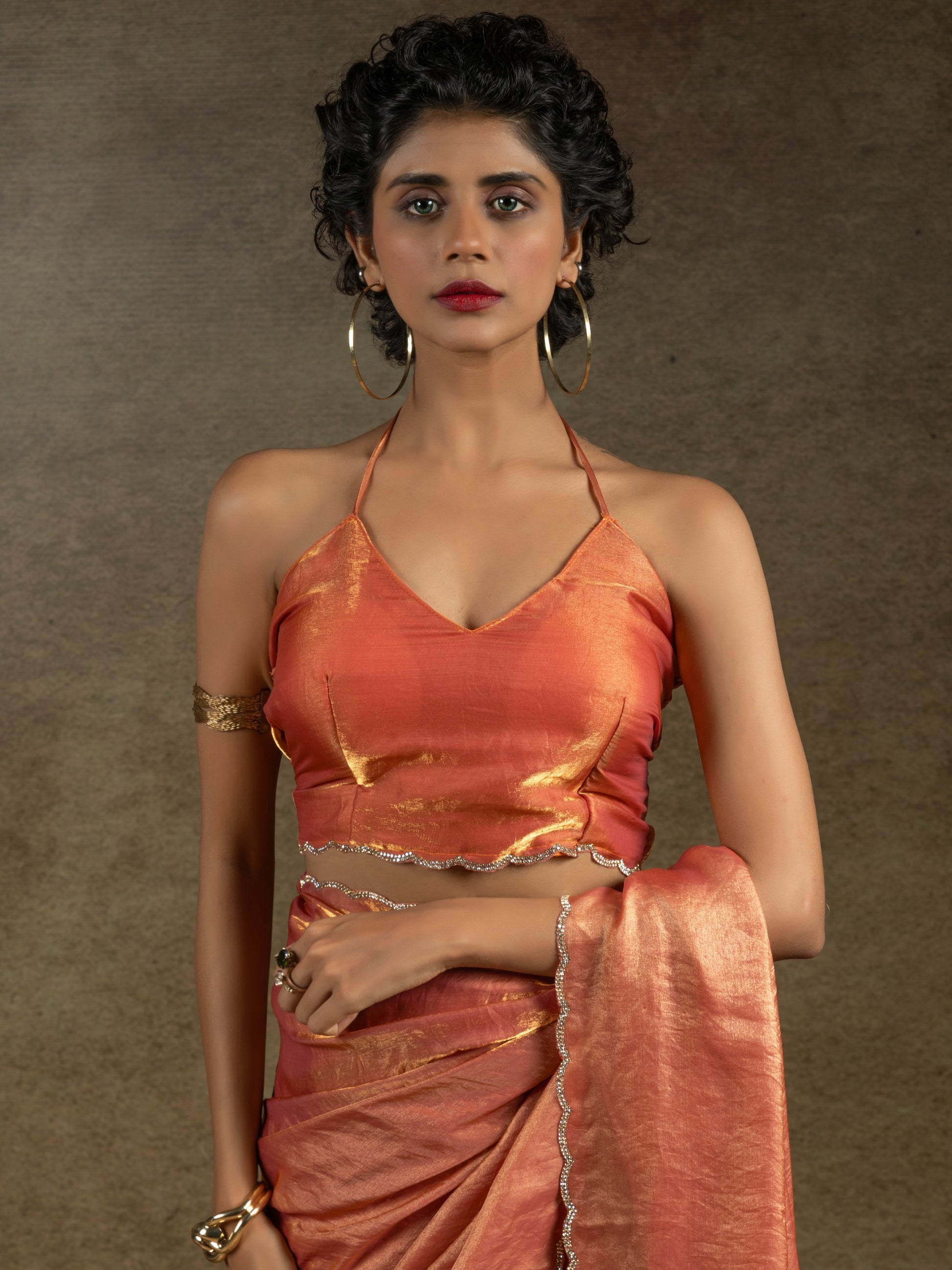 Fabulous Peach Border Work Satin Event Wear Pre-Stitched Saree With Blouse