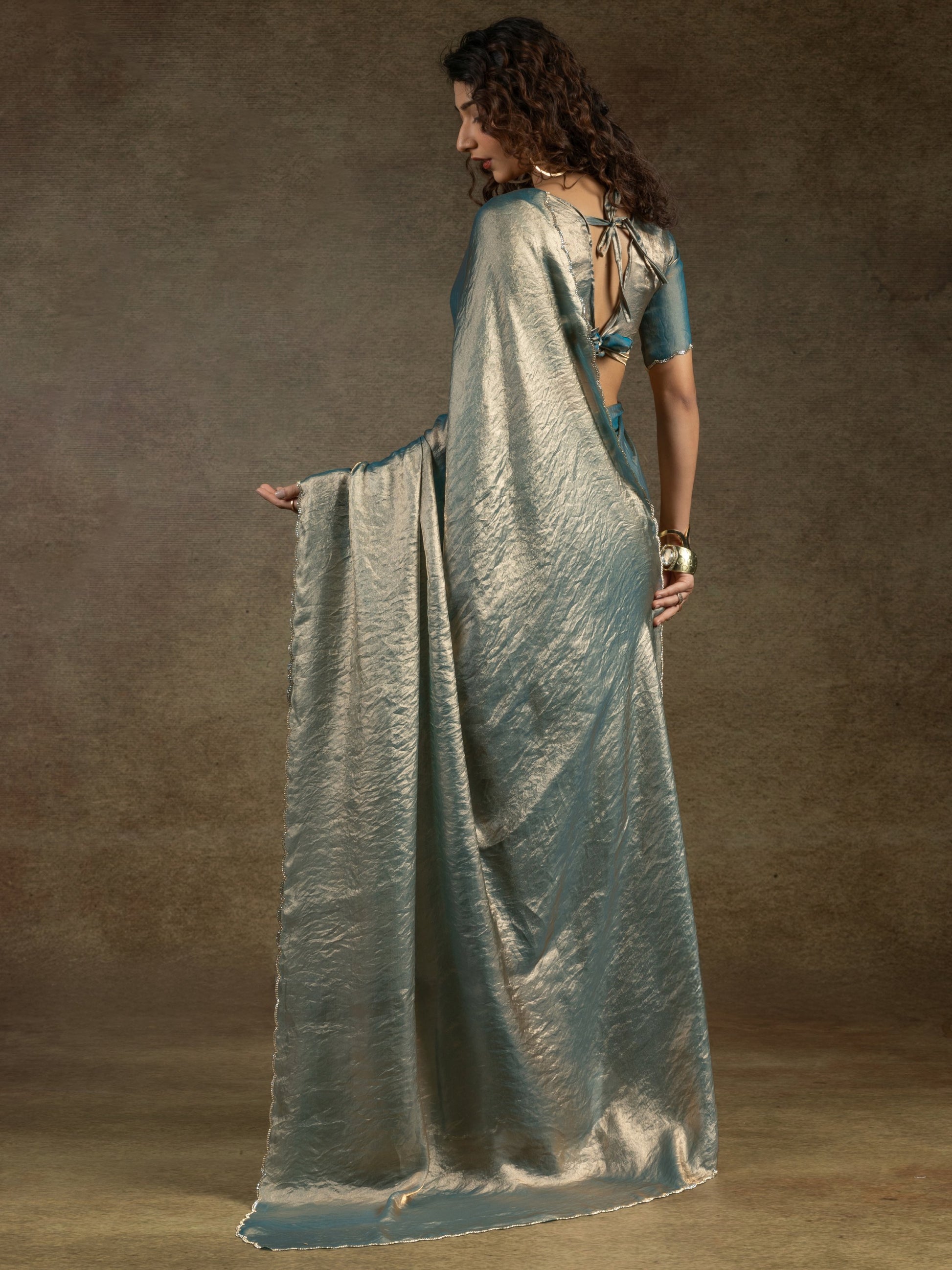 Astonishing Dusty Blue Border Work Satin Bollywood Pre-Stitched Saree With Blouse