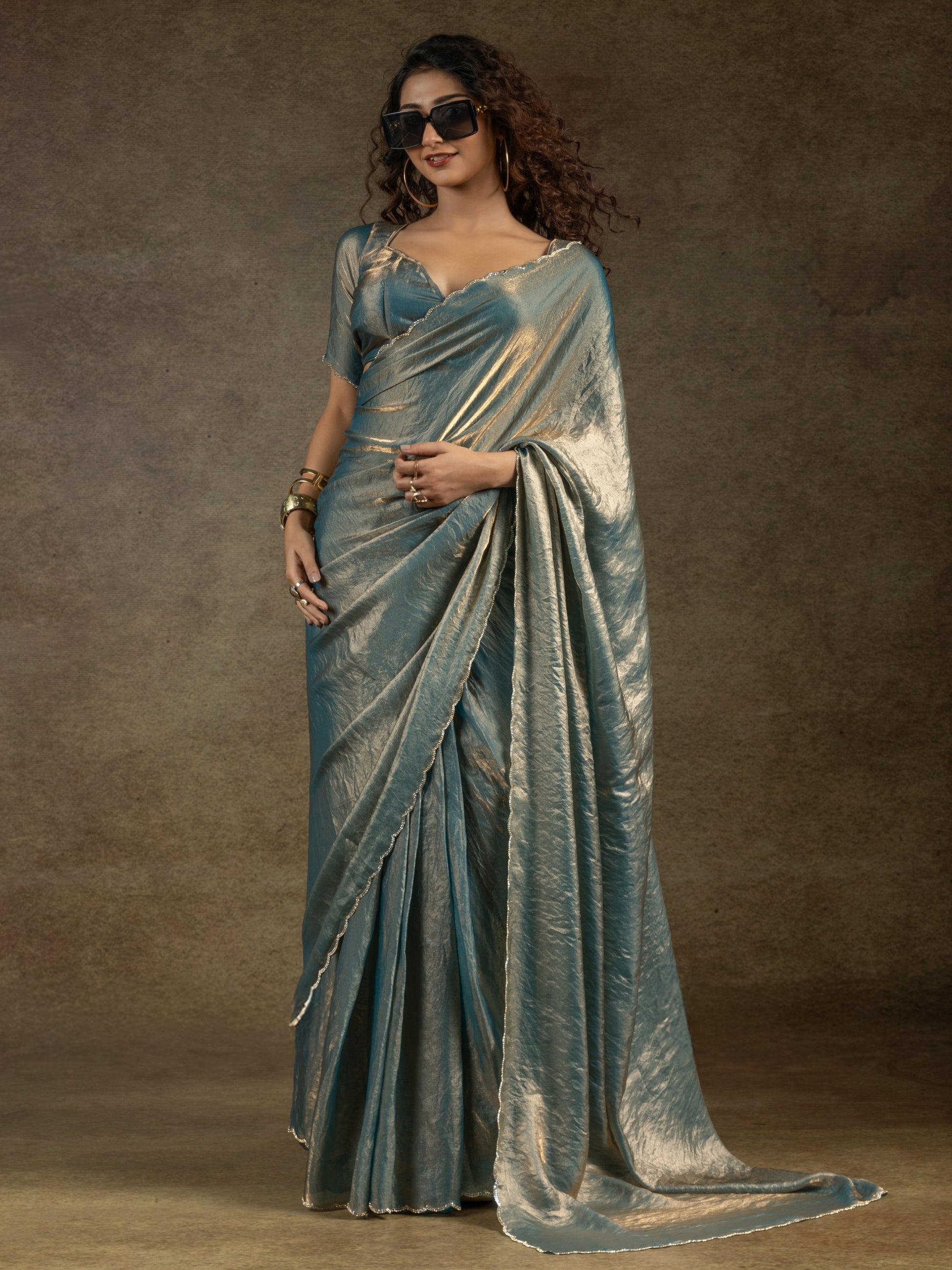 Astonishing Dusty Blue Border Work Satin Bollywood Pre-Stitched Saree With Blouse