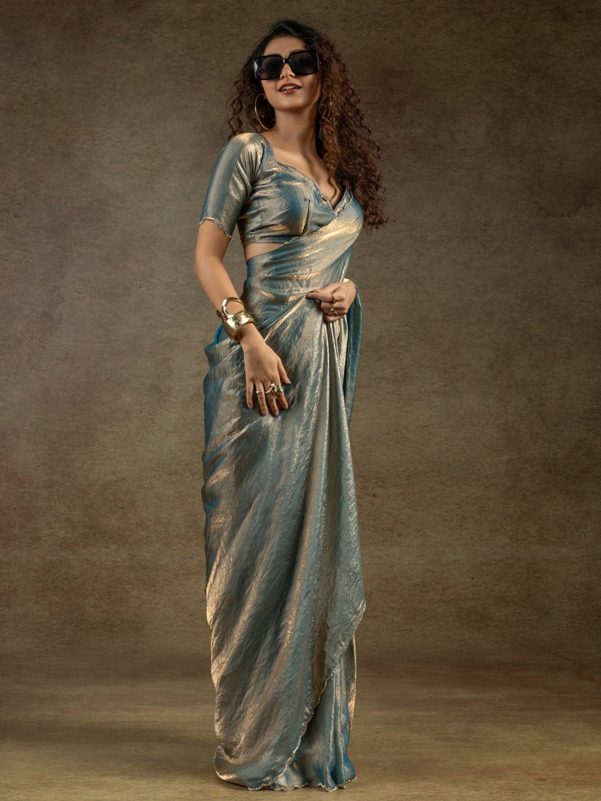 Astonishing Dusty Blue Border Work Satin Bollywood Pre-Stitched Saree With Blouse