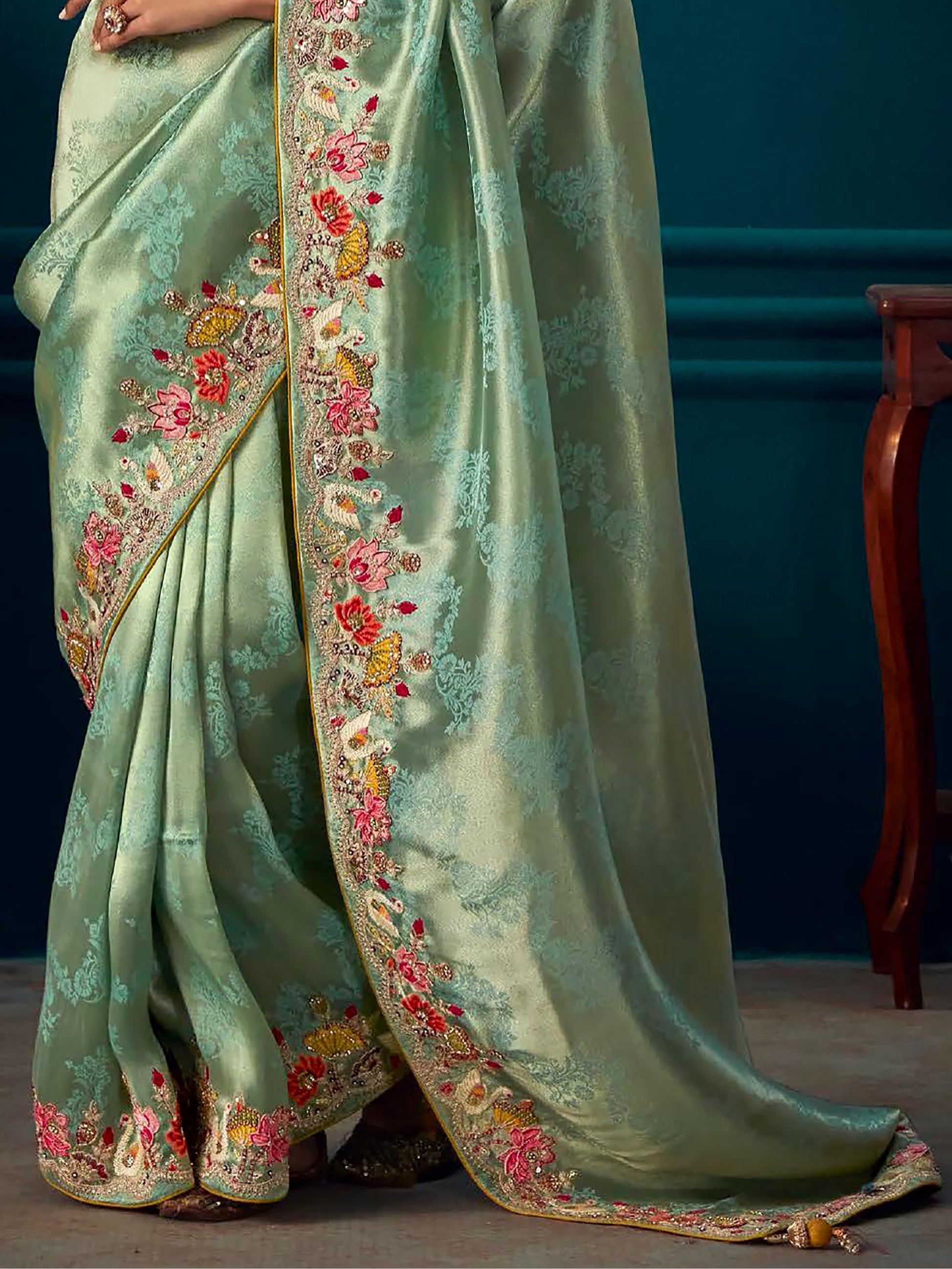 Marvelous Mint Green Embroidered Kanjivaram Silk Designer Saree