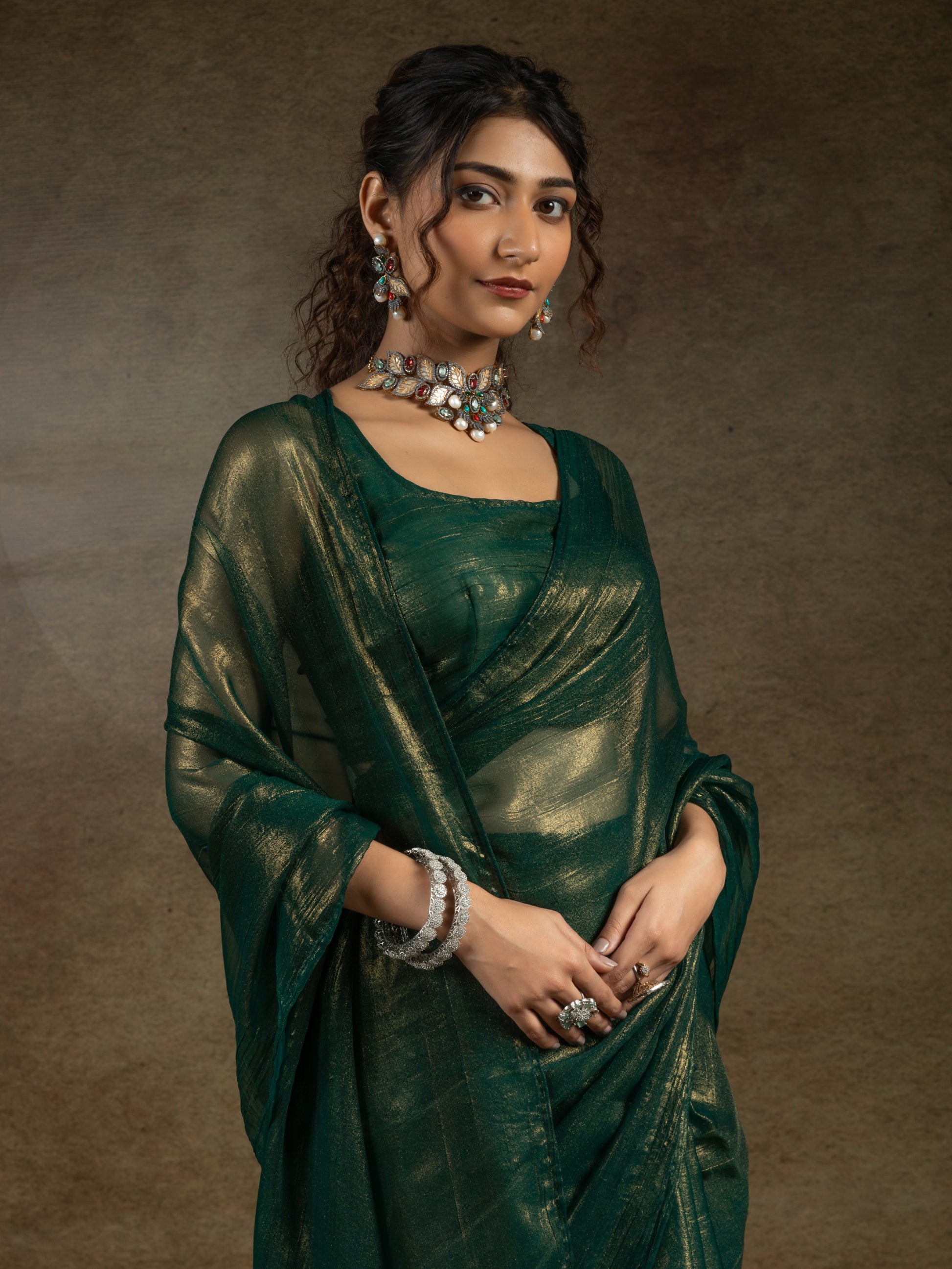 Stunning Green Chiffon Party Wear Pre-Stitched Saree With Blouse