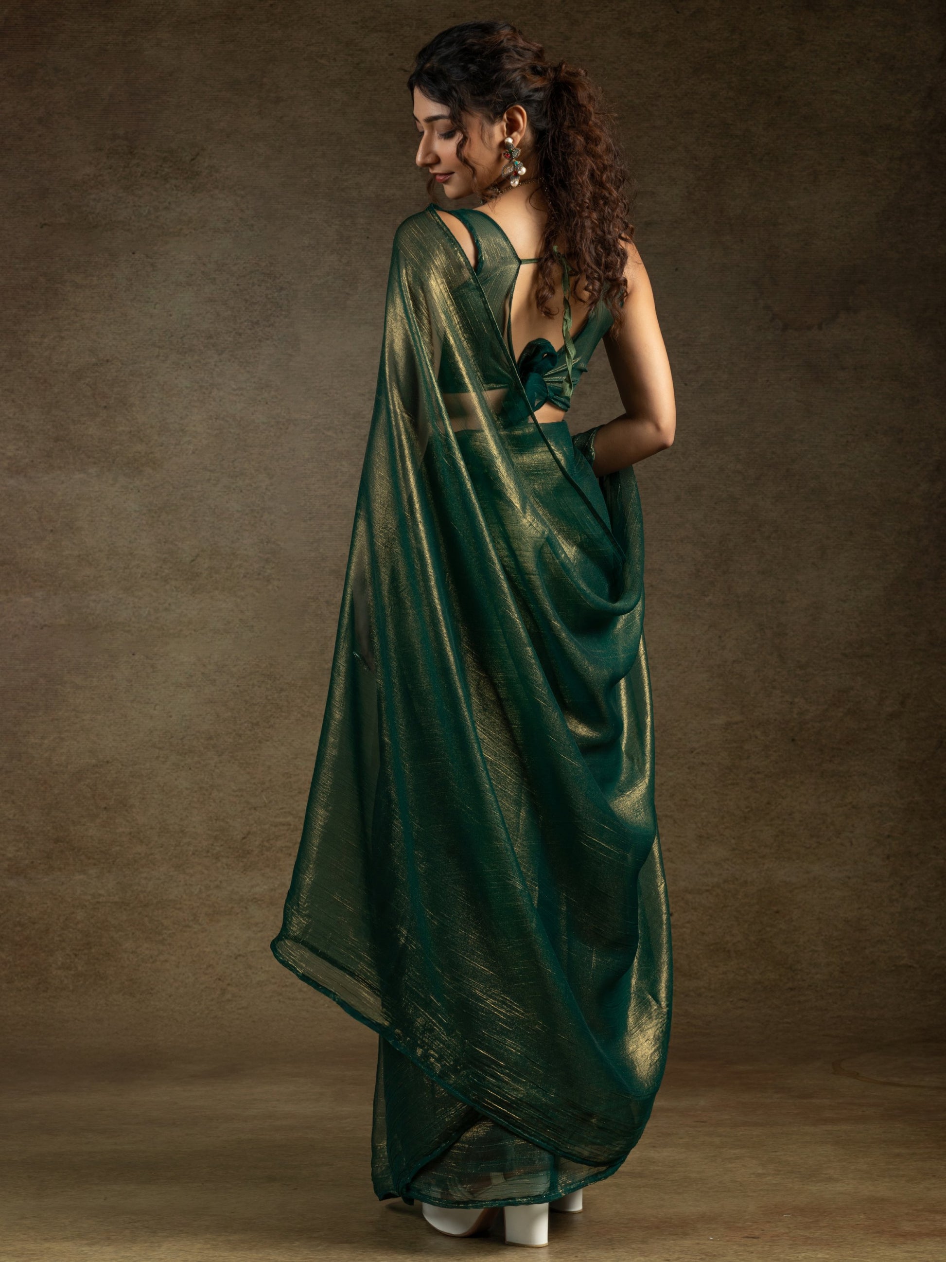 Stunning Green Chiffon Party Wear Pre-Stitched Saree With Blouse