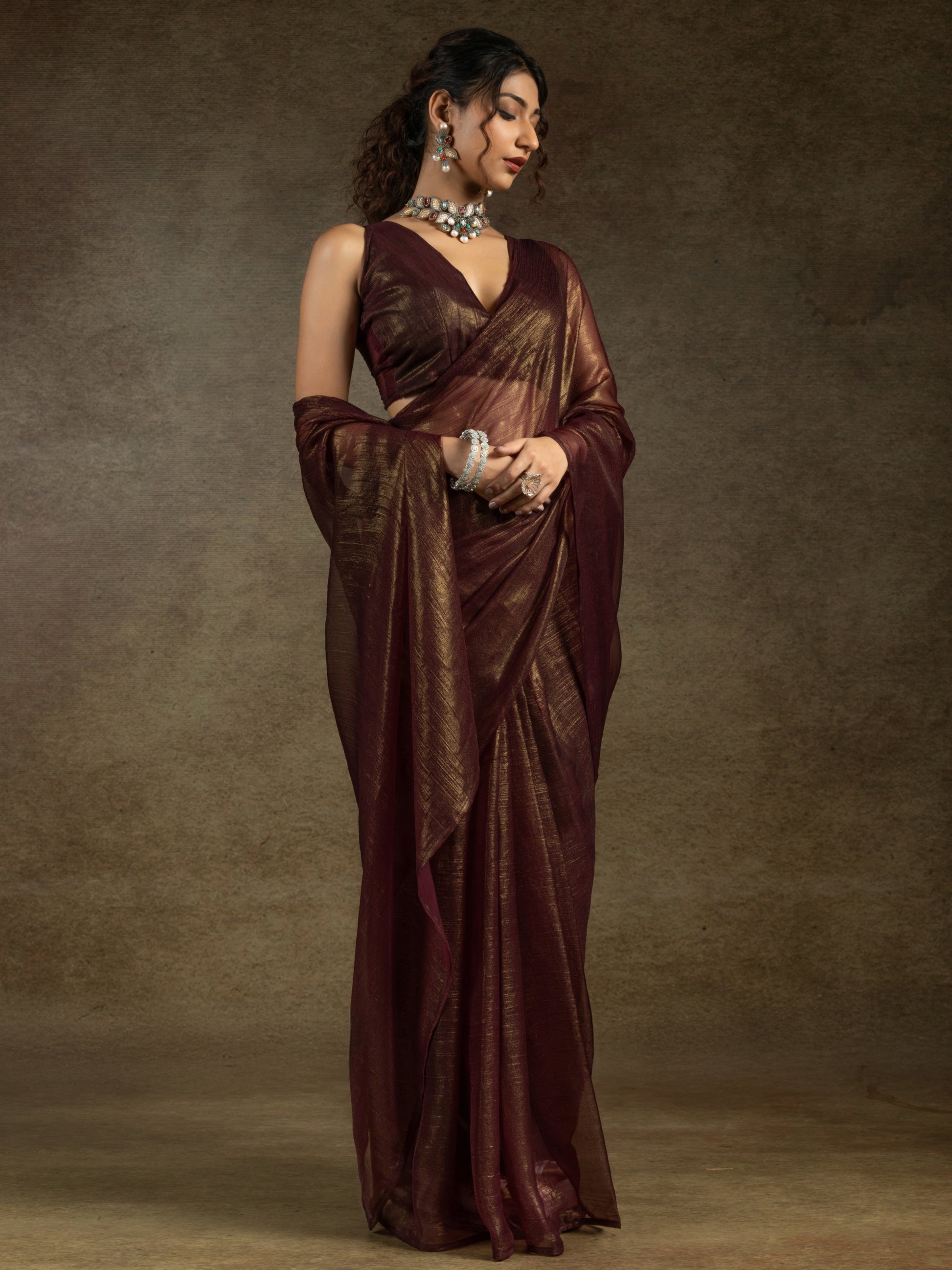 Fabulous Brown Chiffon Festive Wear Pre-Stitched Saree With Blouse
