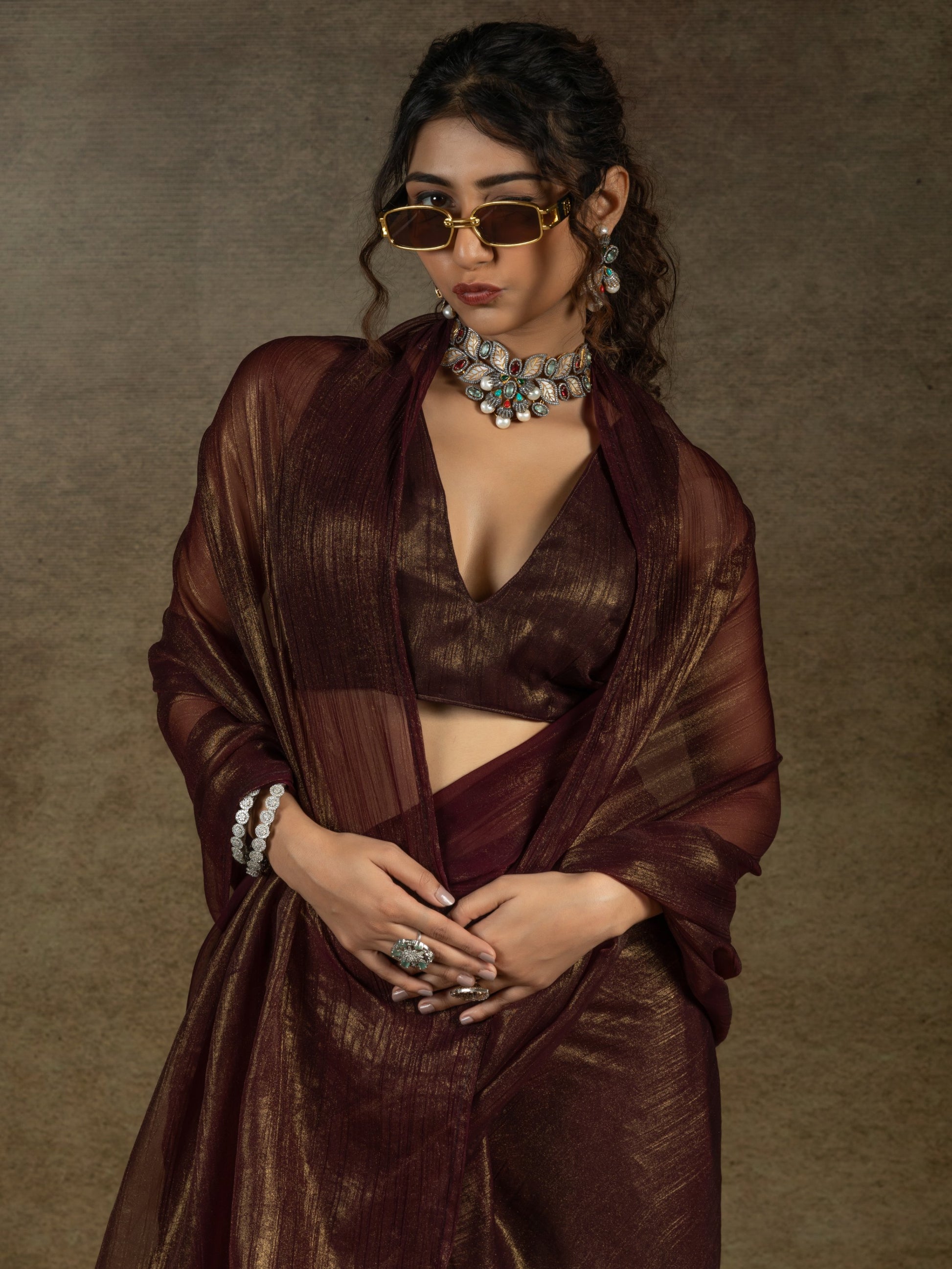 Fabulous Brown Chiffon Festive Wear Pre-Stitched Saree With Blouse