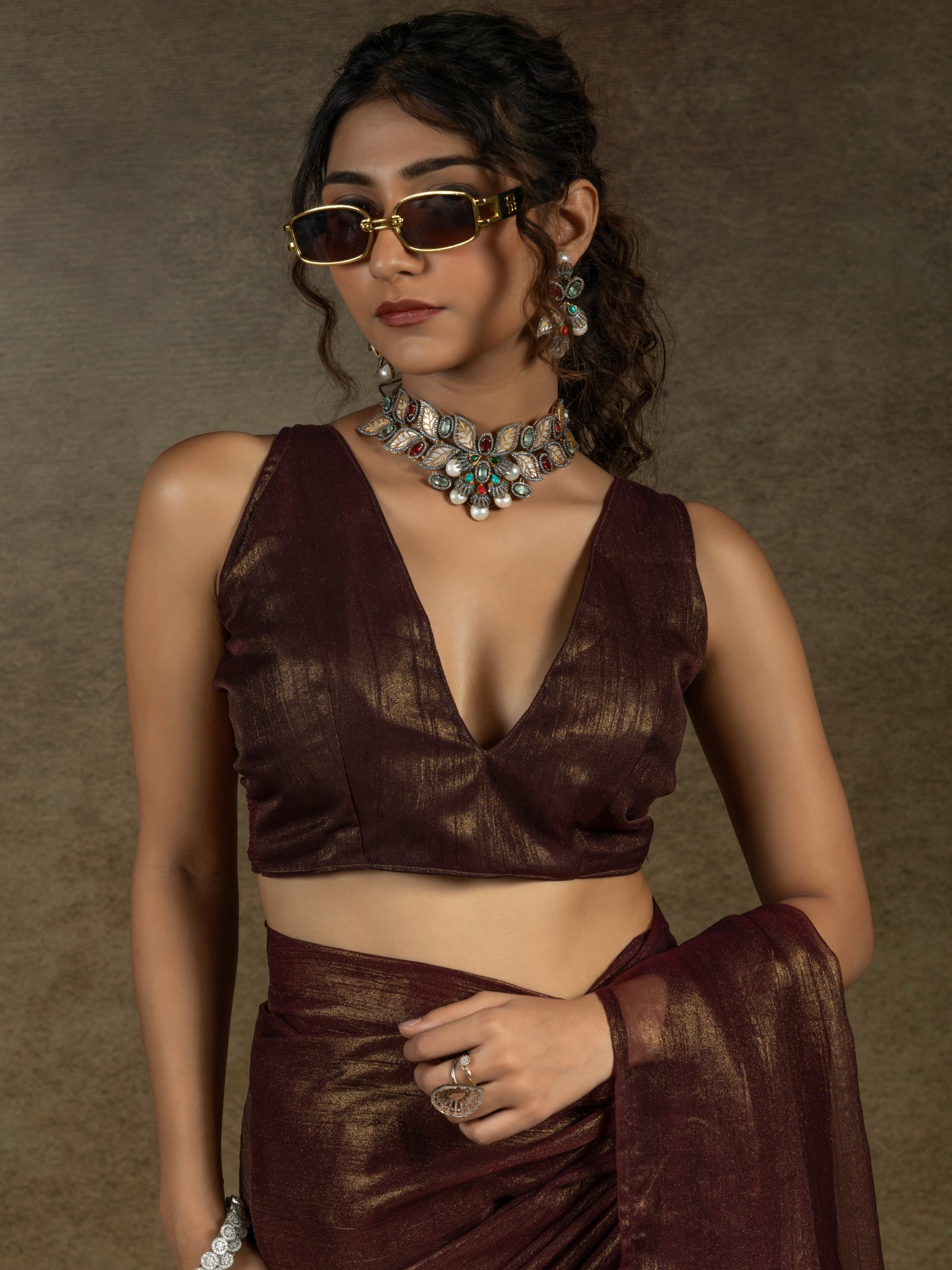 Fabulous Brown Chiffon Festive Wear Pre-Stitched Saree With Blouse
