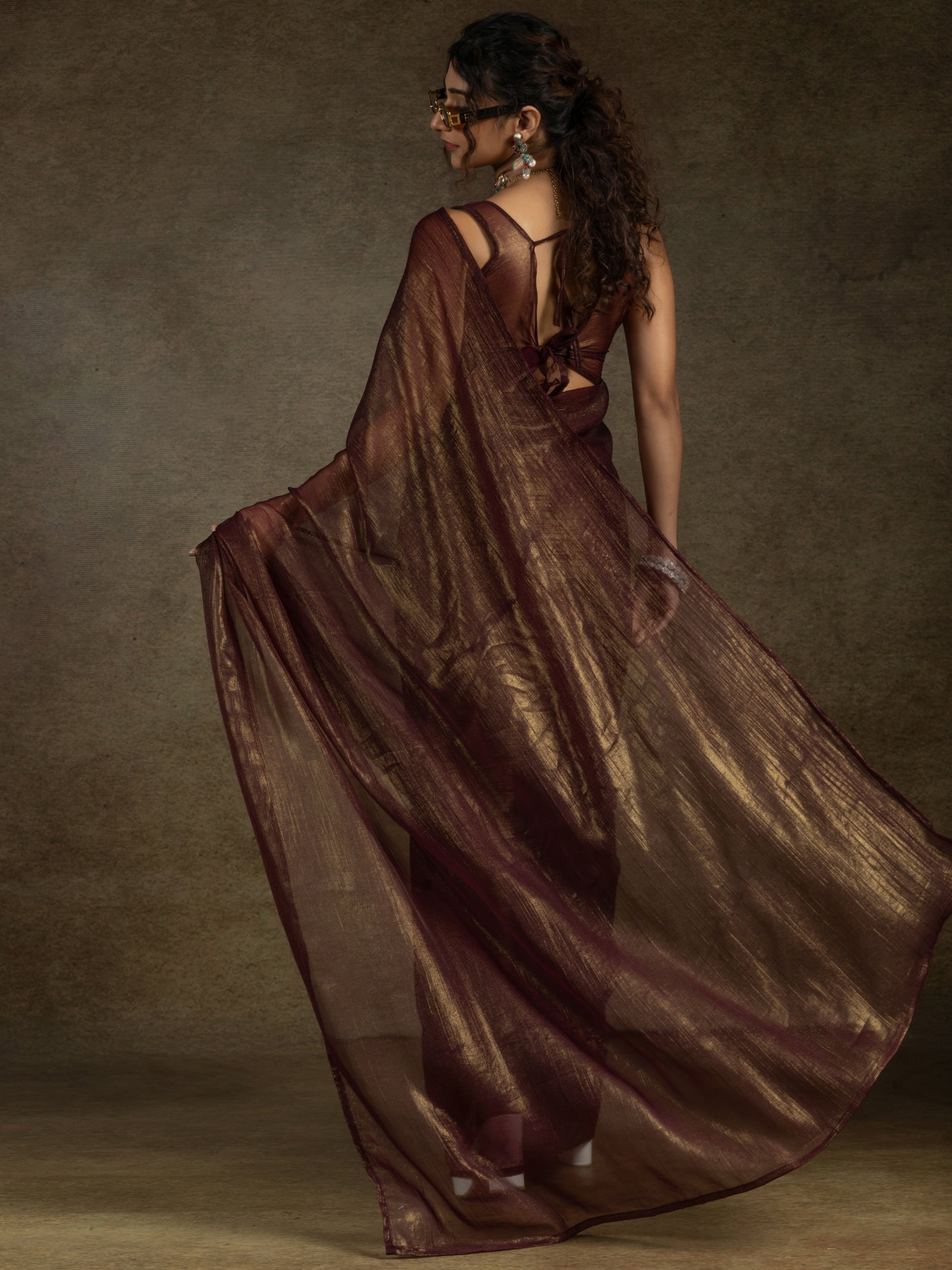 Fabulous Brown Chiffon Festive Wear Pre-Stitched Saree With Blouse