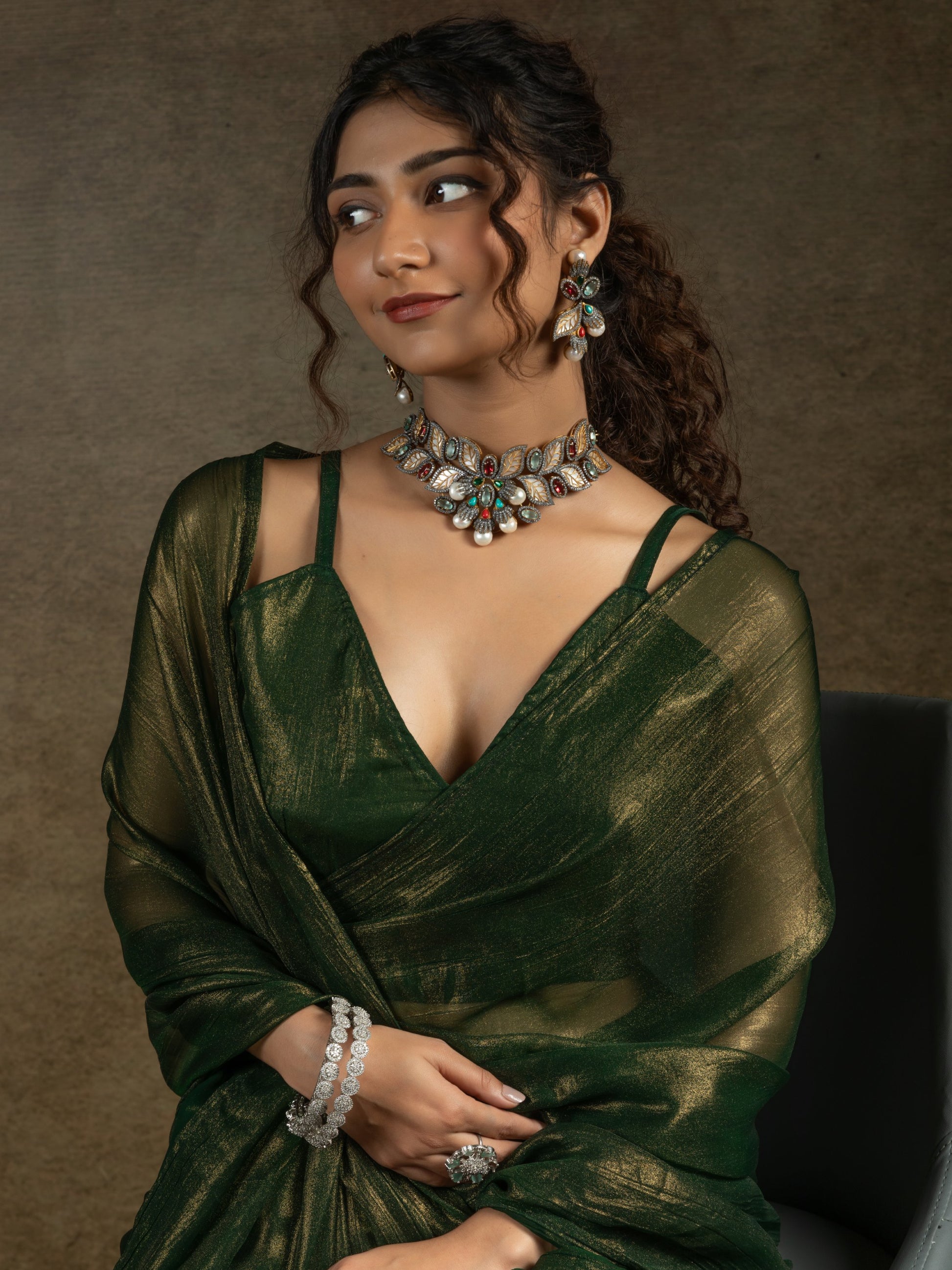 Amazing Green Chiffon Bollywood Pre-Stitched Saree With Blouse