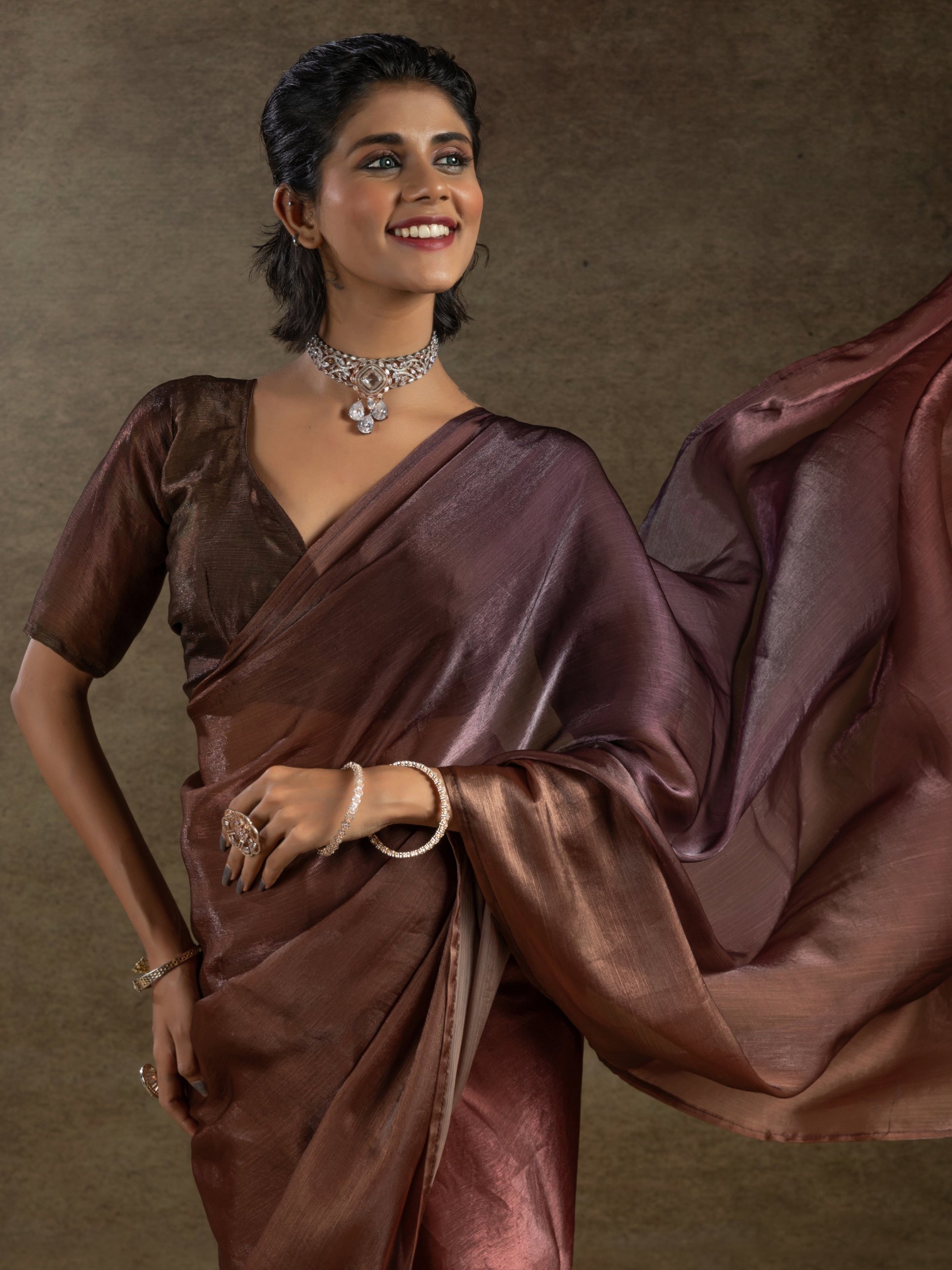 Stunning Brown Satin Festive Wear Pre-Stitched Saree With Blouse