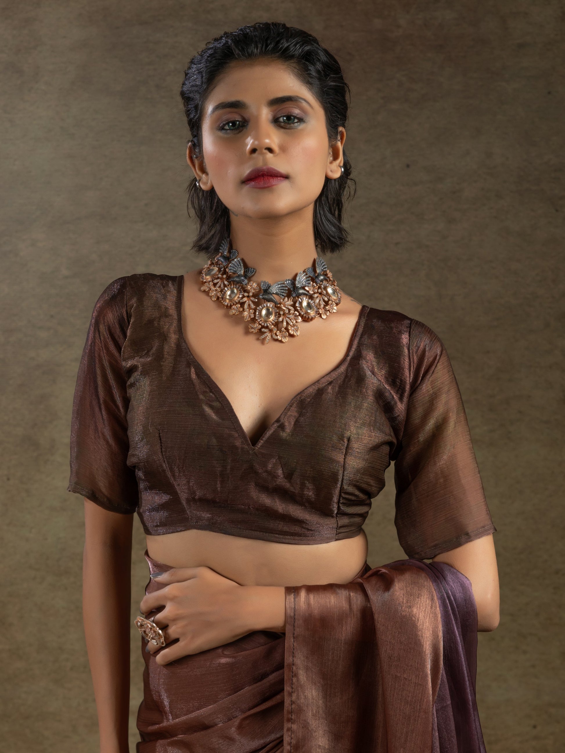 Stunning Brown Satin Festive Wear Pre-Stitched Saree With Blouse
