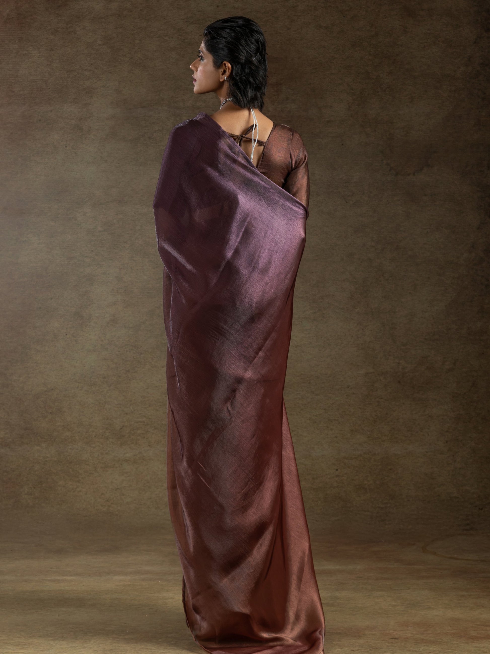 Stunning Brown Satin Festive Wear Pre-Stitched Saree With Blouse
