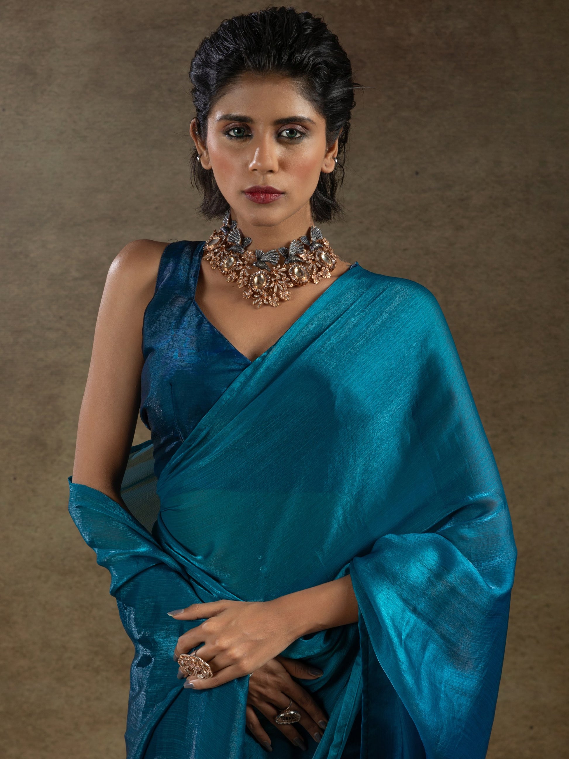 Spectacular Teal Blue Satin Party Wear Pre-Stitched Saree With Blouse