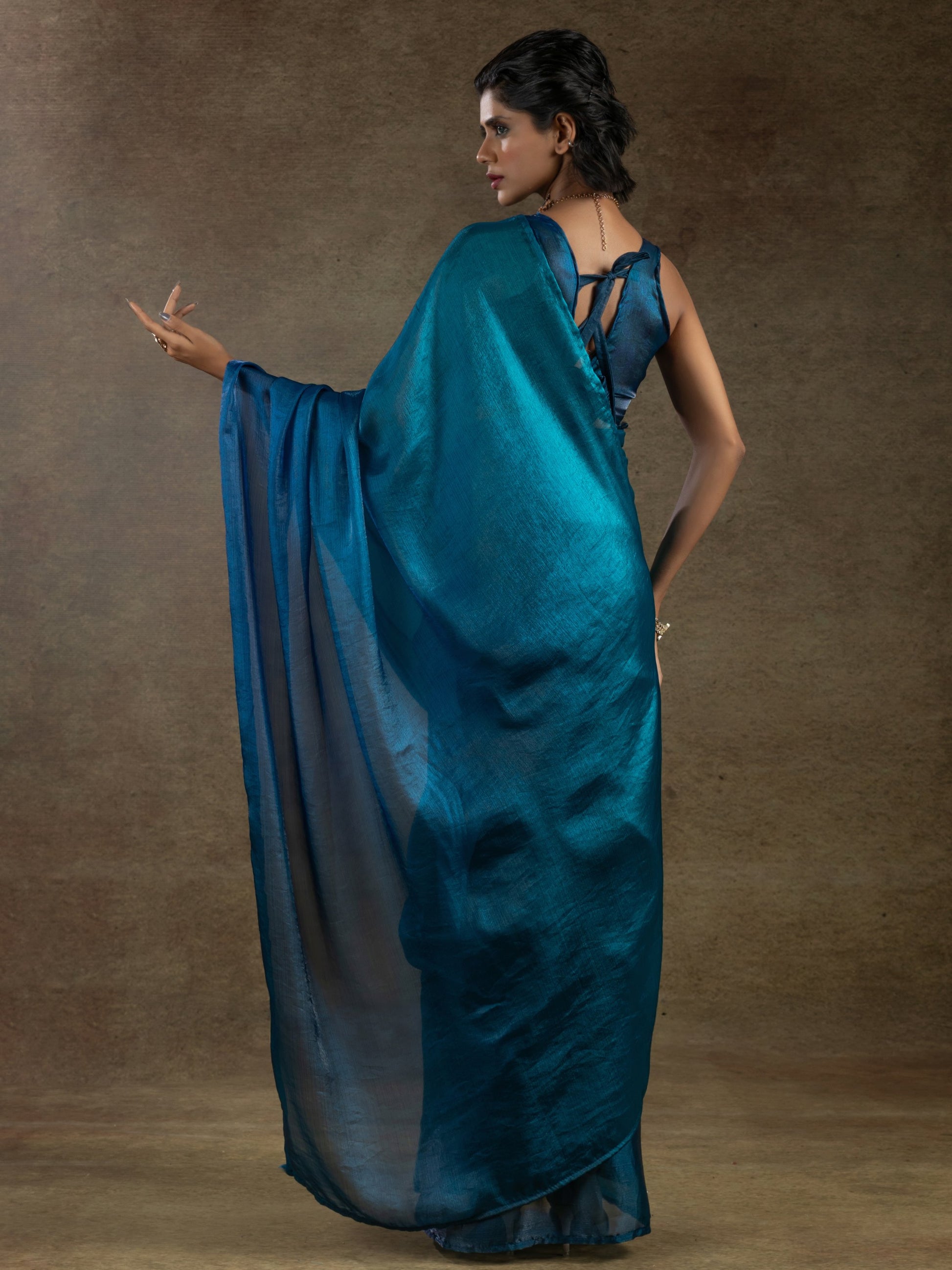 Spectacular Teal Blue Satin Party Wear Pre-Stitched Saree With Blouse