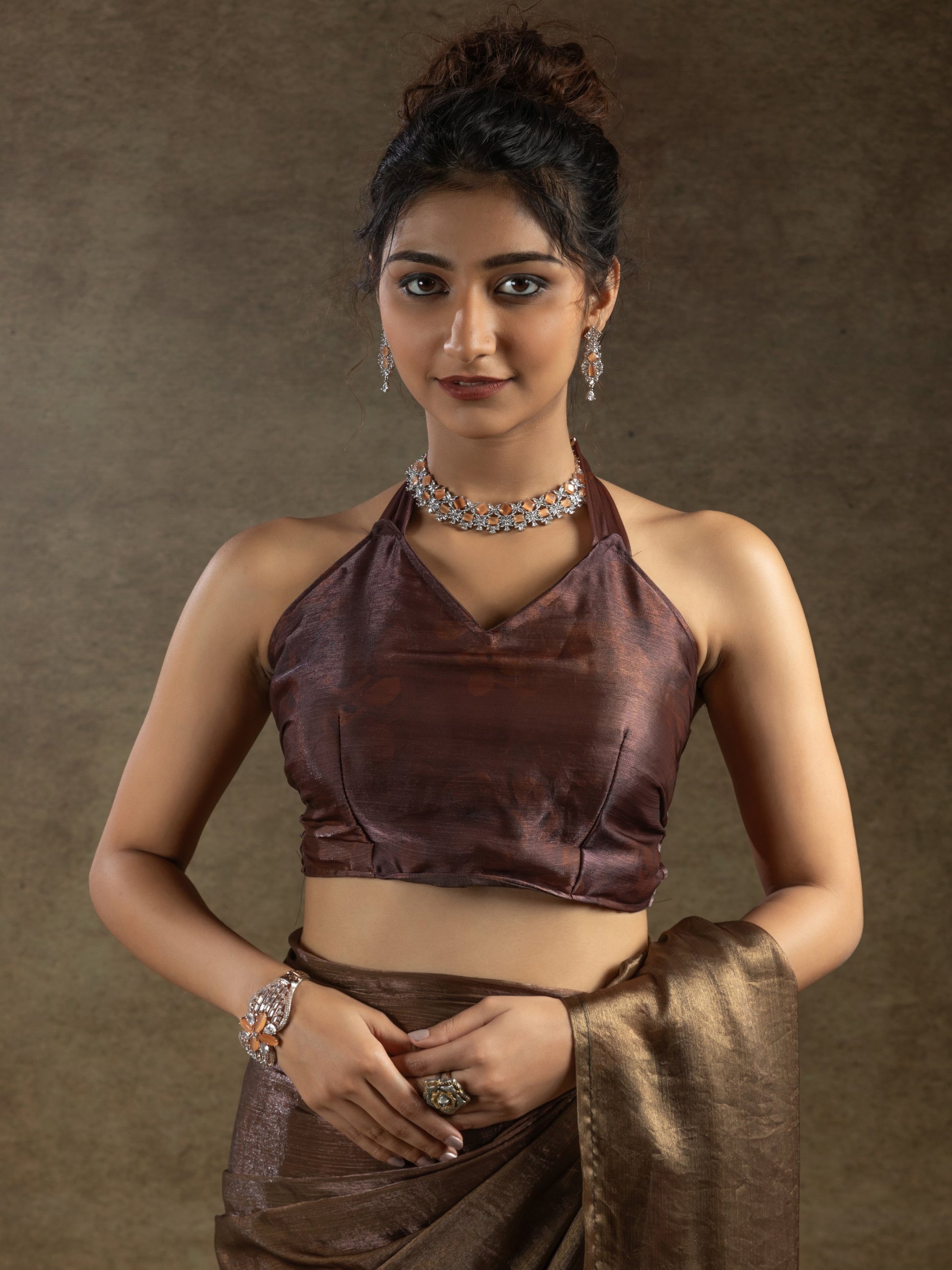 Incredible Brown Satin Event Wear Pre-Stitched Saree With Blouse