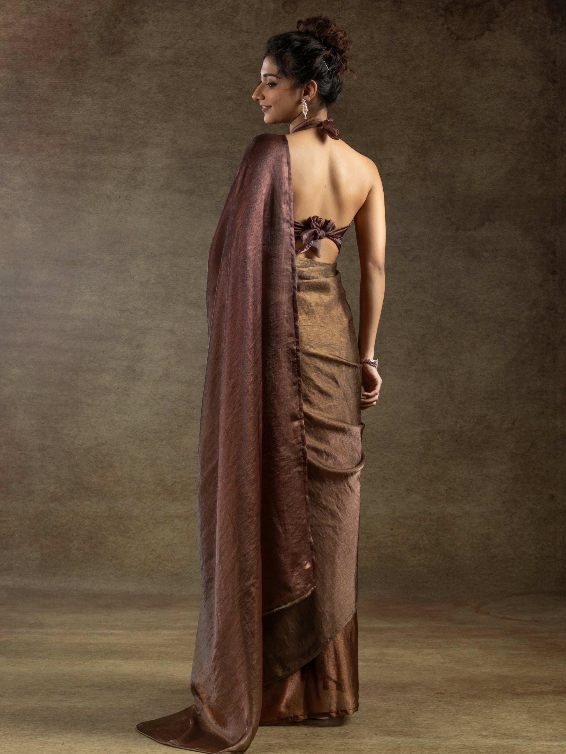 Incredible Brown Satin Event Wear Pre-Stitched Saree With Blouse