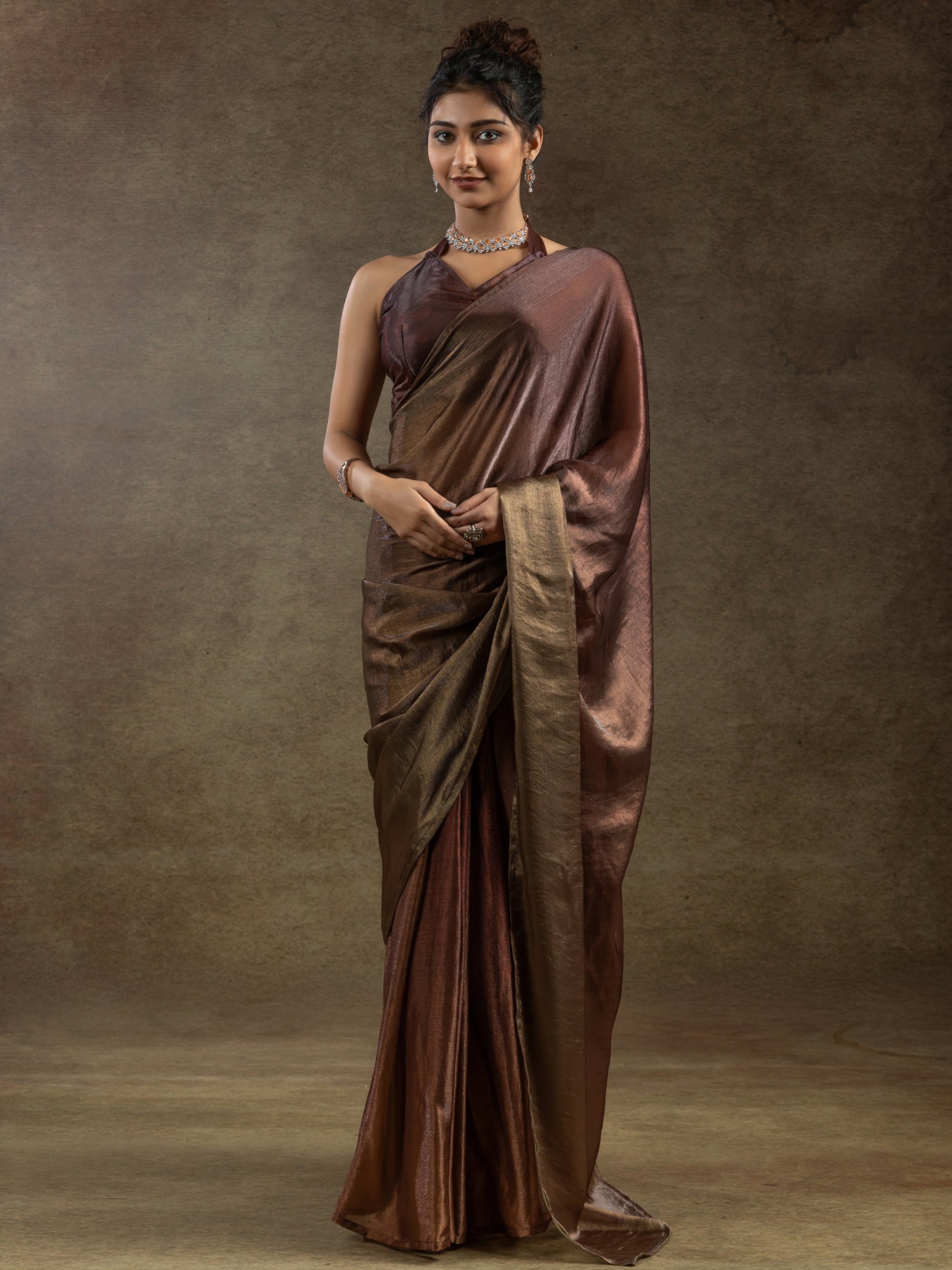 Incredible Brown Satin Event Wear Pre-Stitched Saree With Blouse