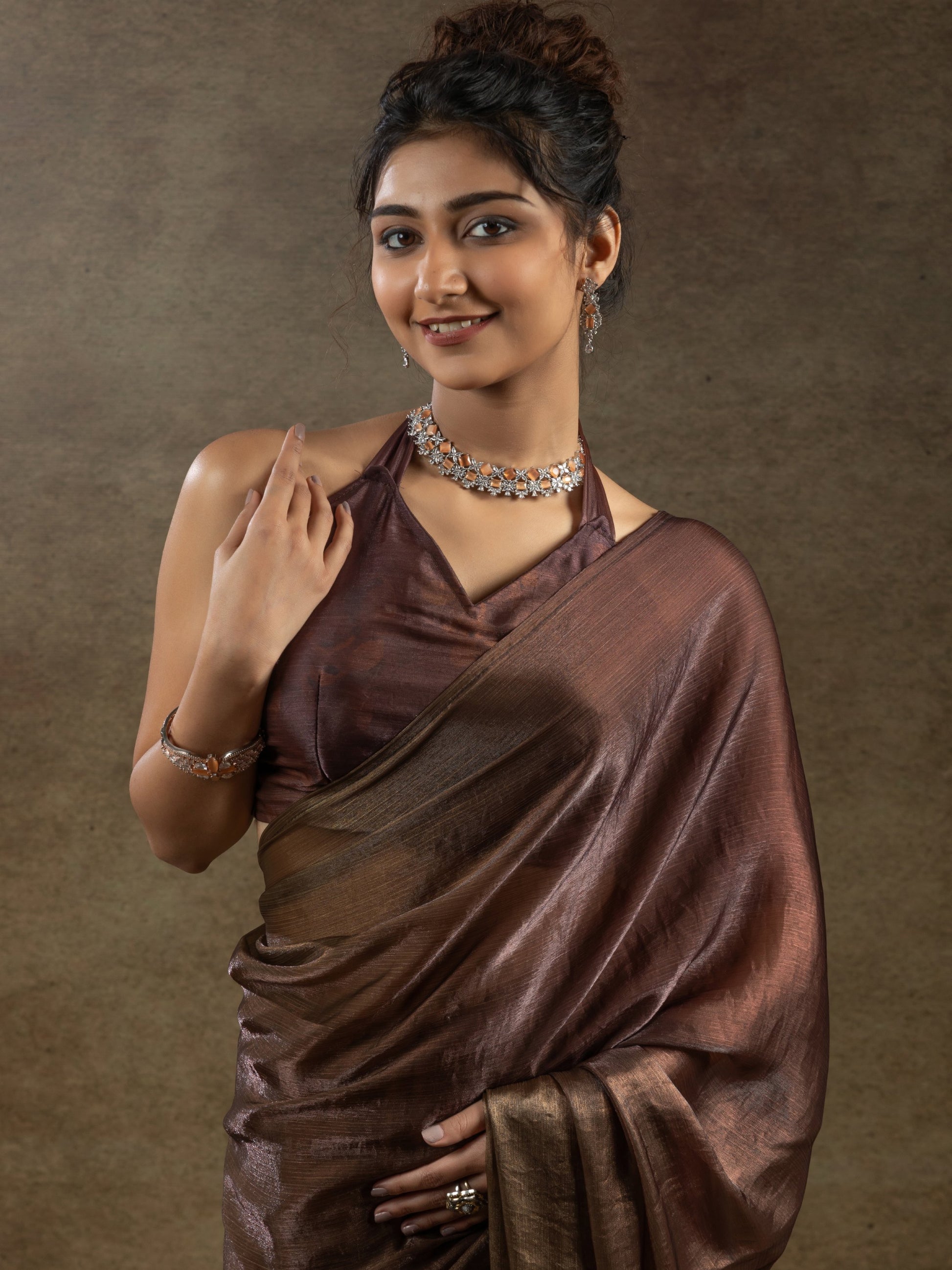 Incredible Brown Satin Event Wear Pre-Stitched Saree With Blouse