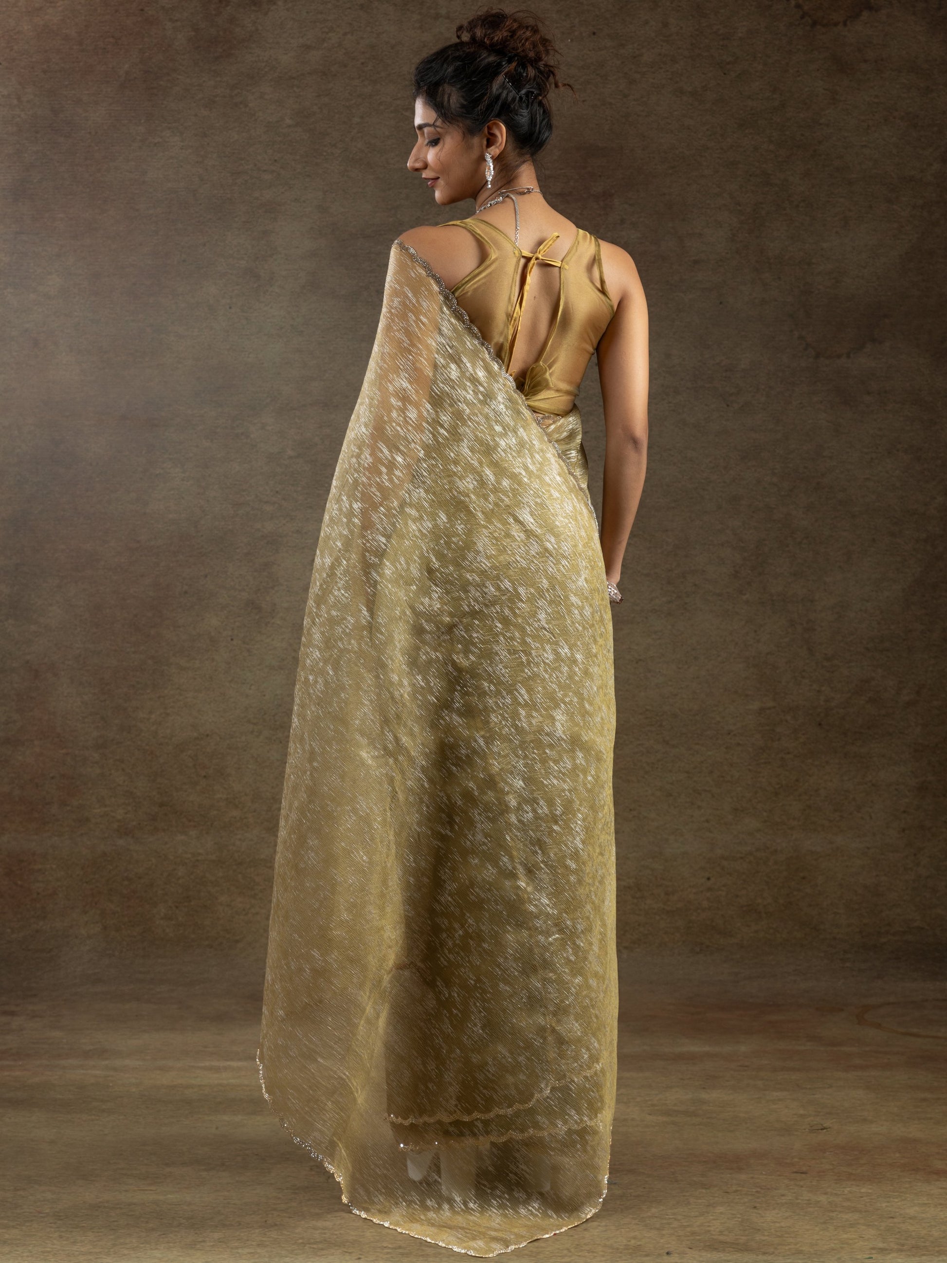 Amazing Mustard Yellow Zari Weaving Organza Festive Wear Pre-Stitched Saree
