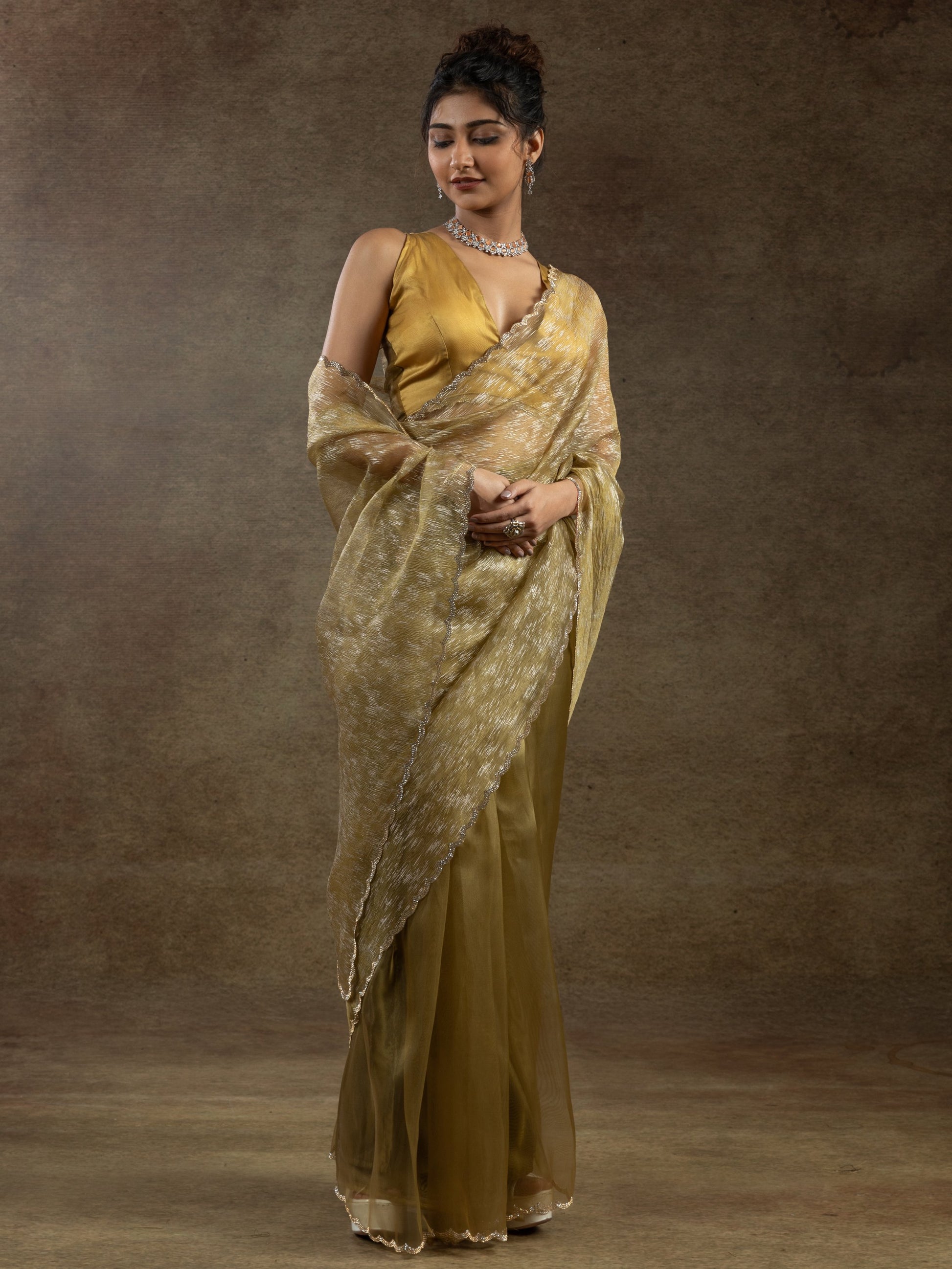 Amazing Mustard Yellow Zari Weaving Organza Festive Wear Pre-Stitched Saree