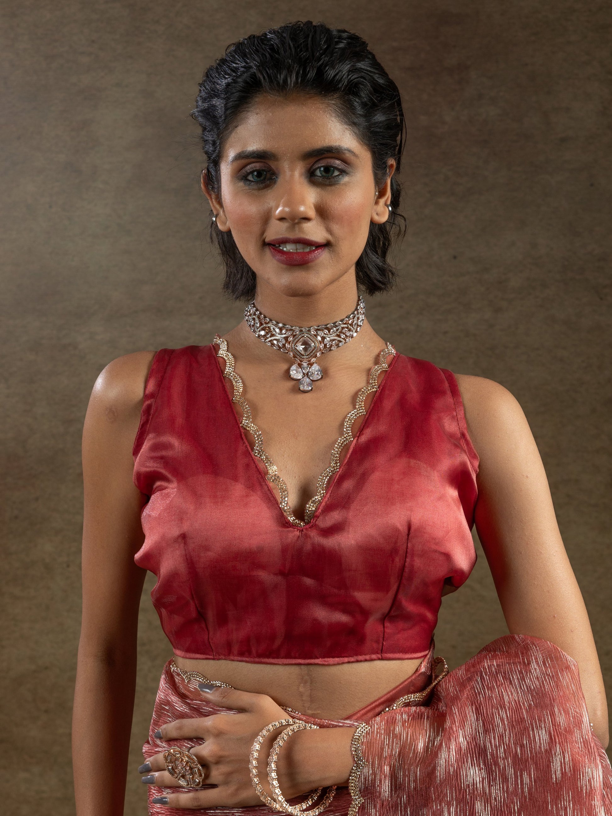 Astonishing Dark Peach Zari Weaving Organza Designer Pre-Stitched Saree
