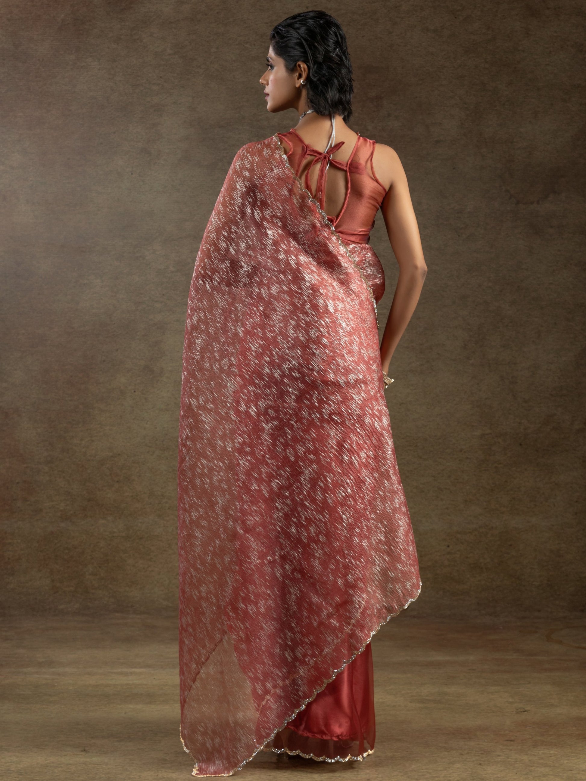 Astonishing Dark Peach Zari Weaving Organza Designer Pre-Stitched Saree