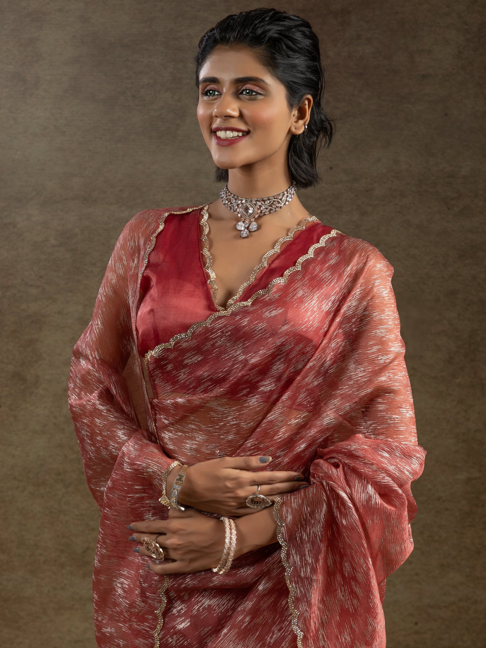 Astonishing Dark Peach Zari Weaving Organza Designer Pre-Stitched Saree