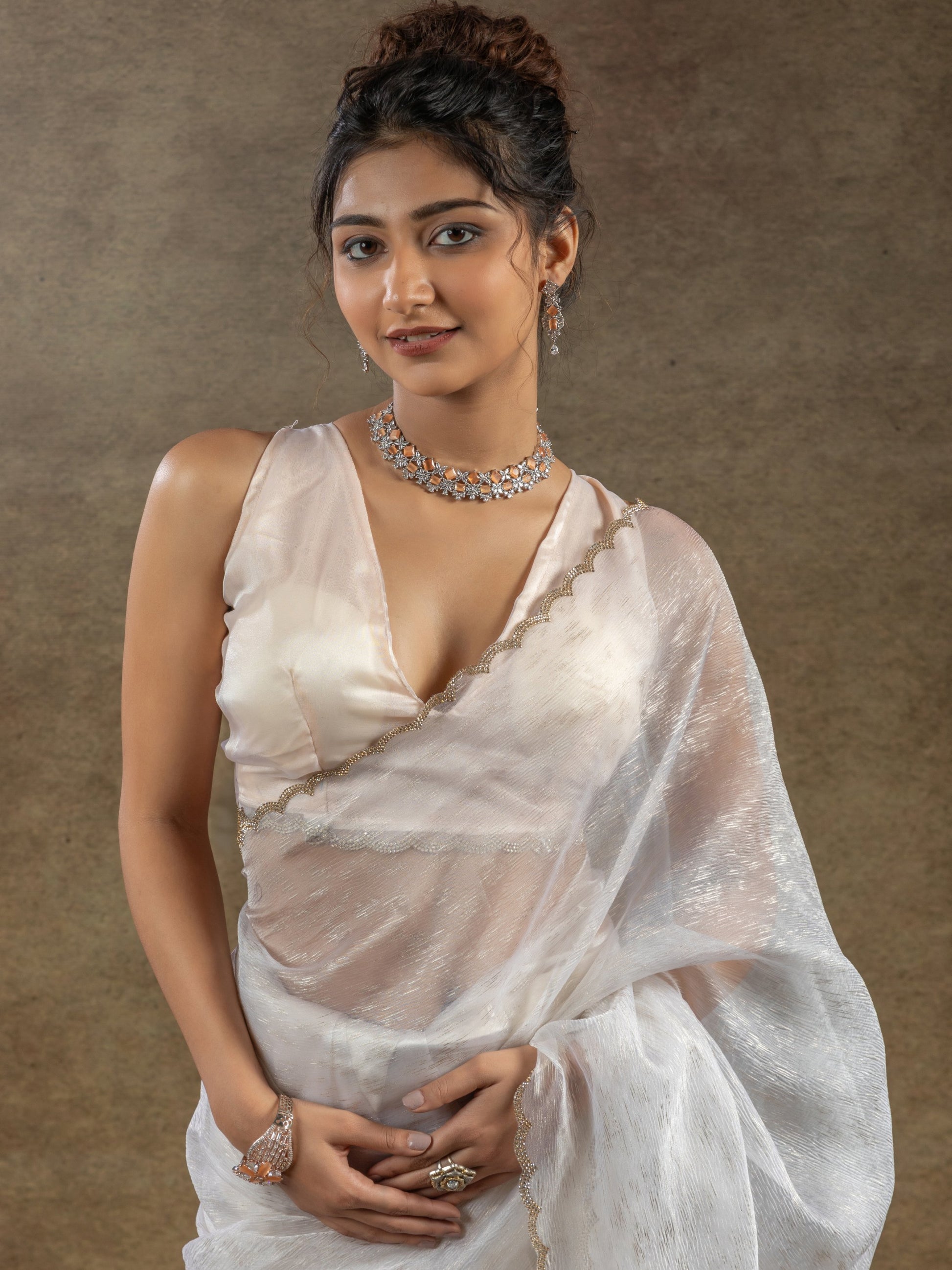 Fabulous White Zari Weaving Organza Pre-Stitched Saree With Blouse