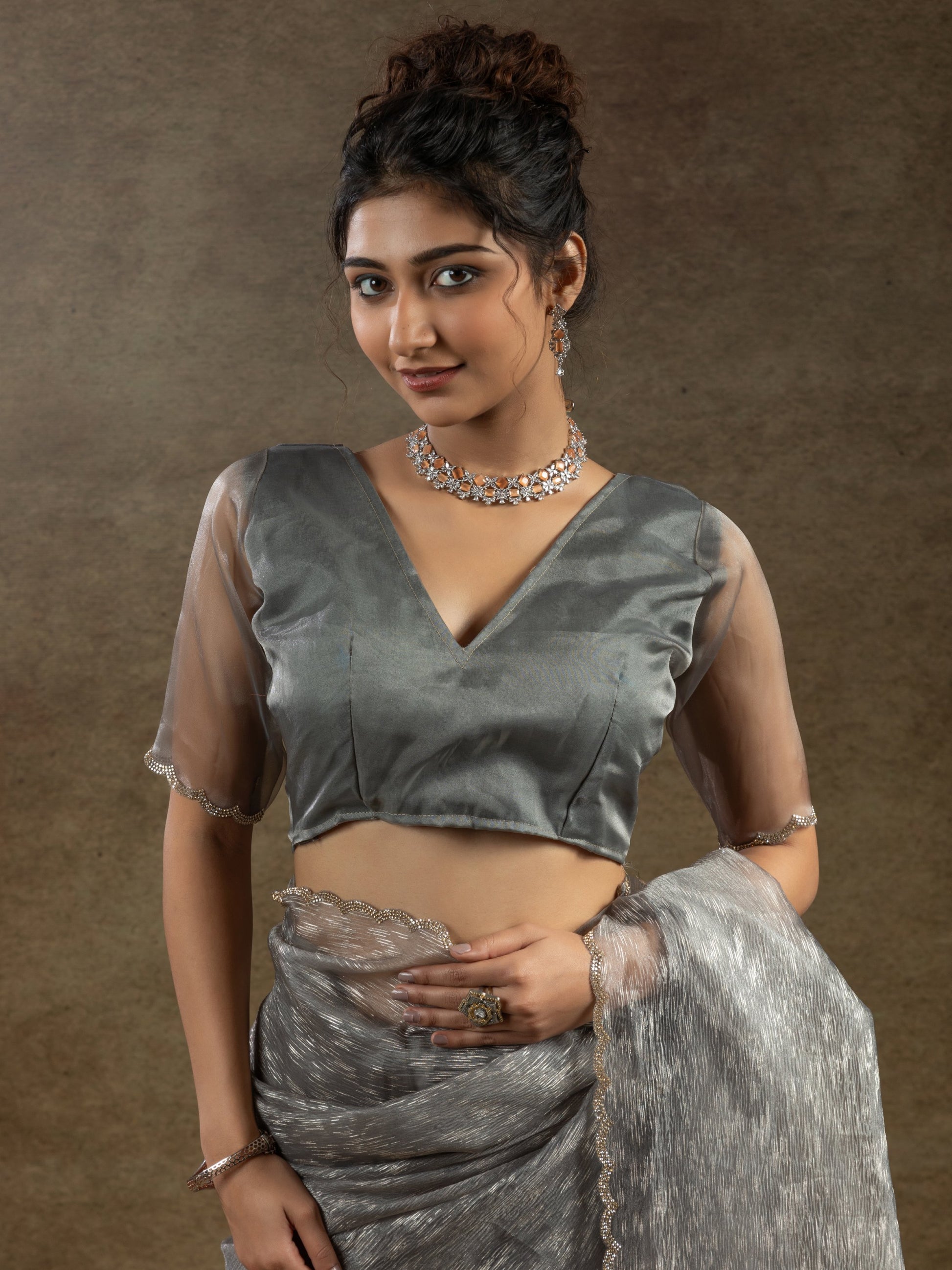Precious Grey Zari Weaving Organza Event Wear Pre-Stitched Saree