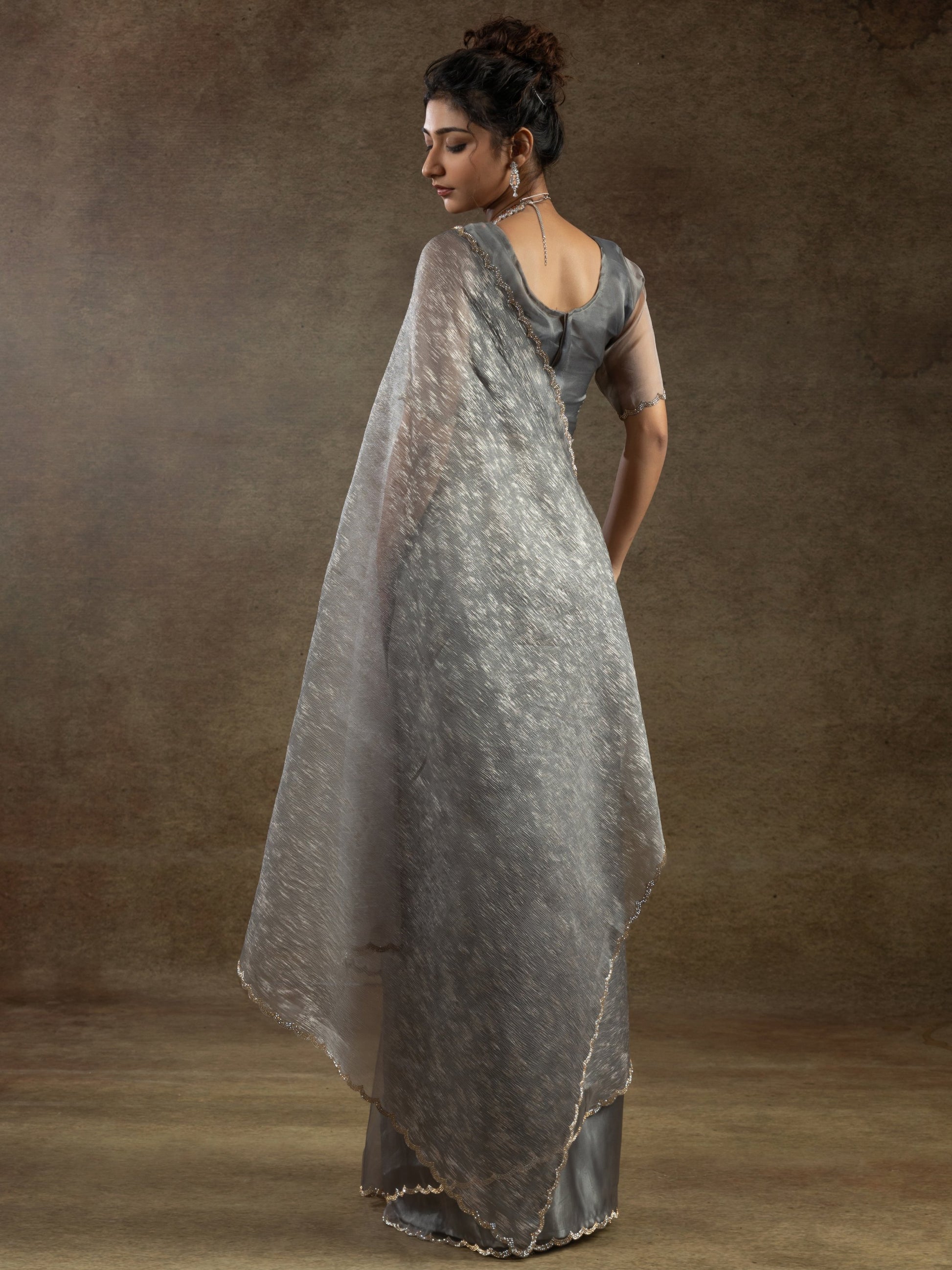 Precious Grey Zari Weaving Organza Event Wear Pre-Stitched Saree