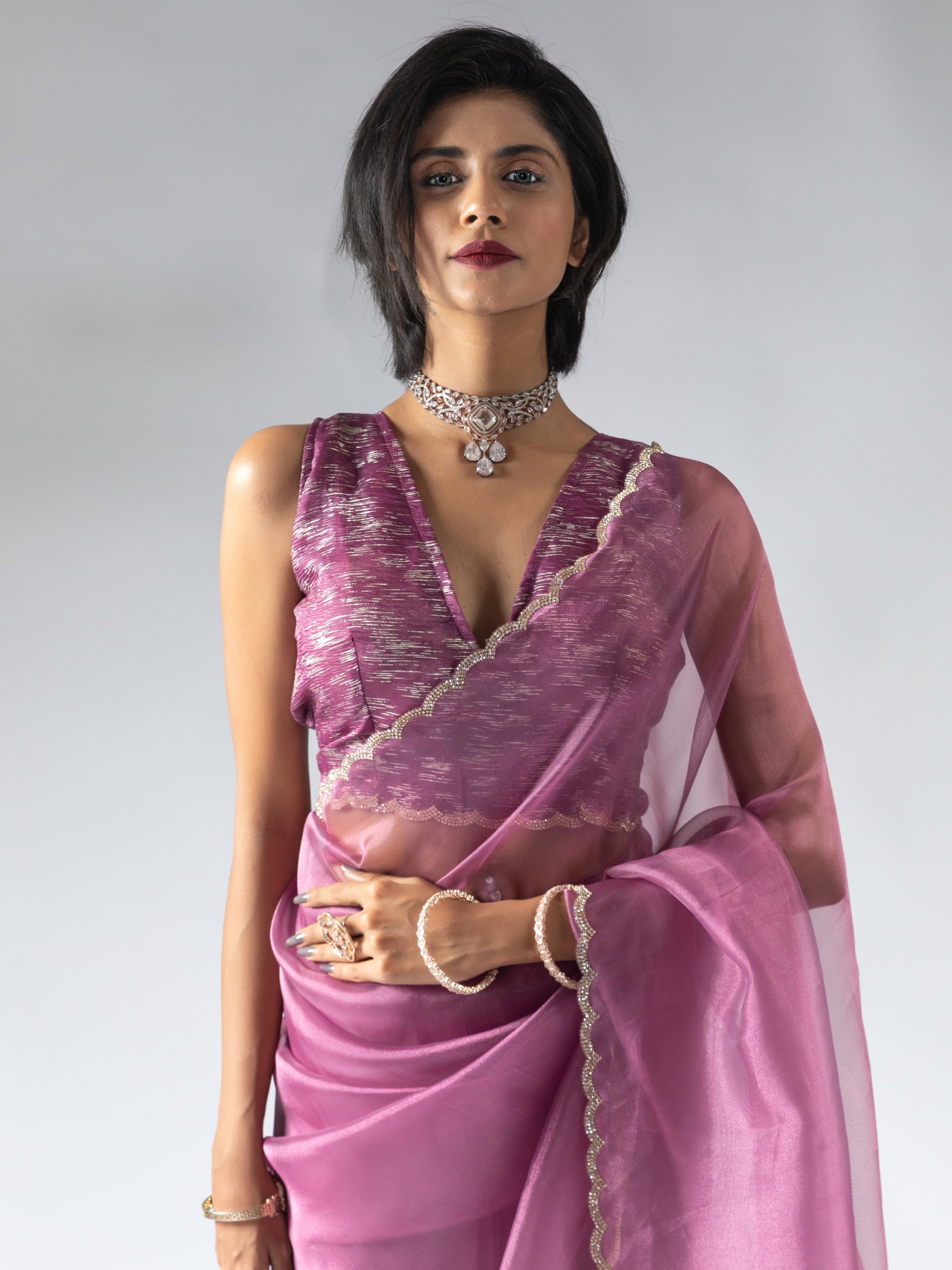 Charming Magenta Border Work Organza Pre-Stitched Saree With Blouse
