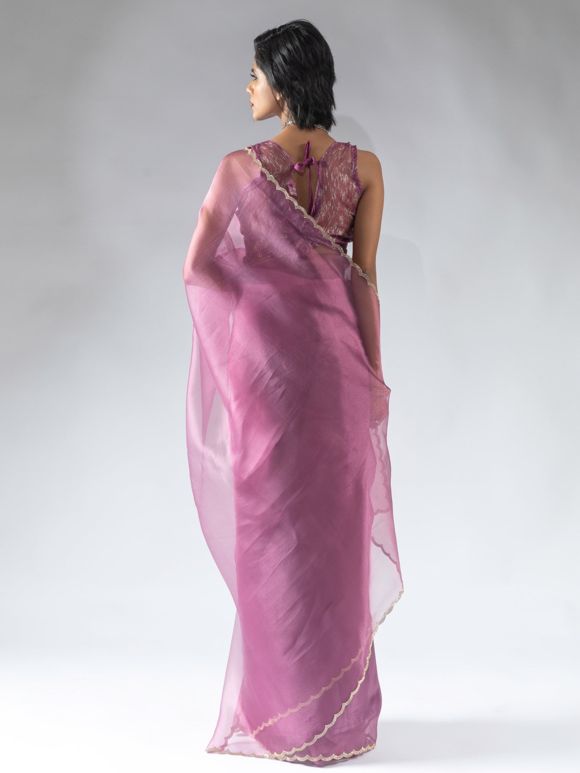 Charming Magenta Border Work Organza Pre-Stitched Saree With Blouse