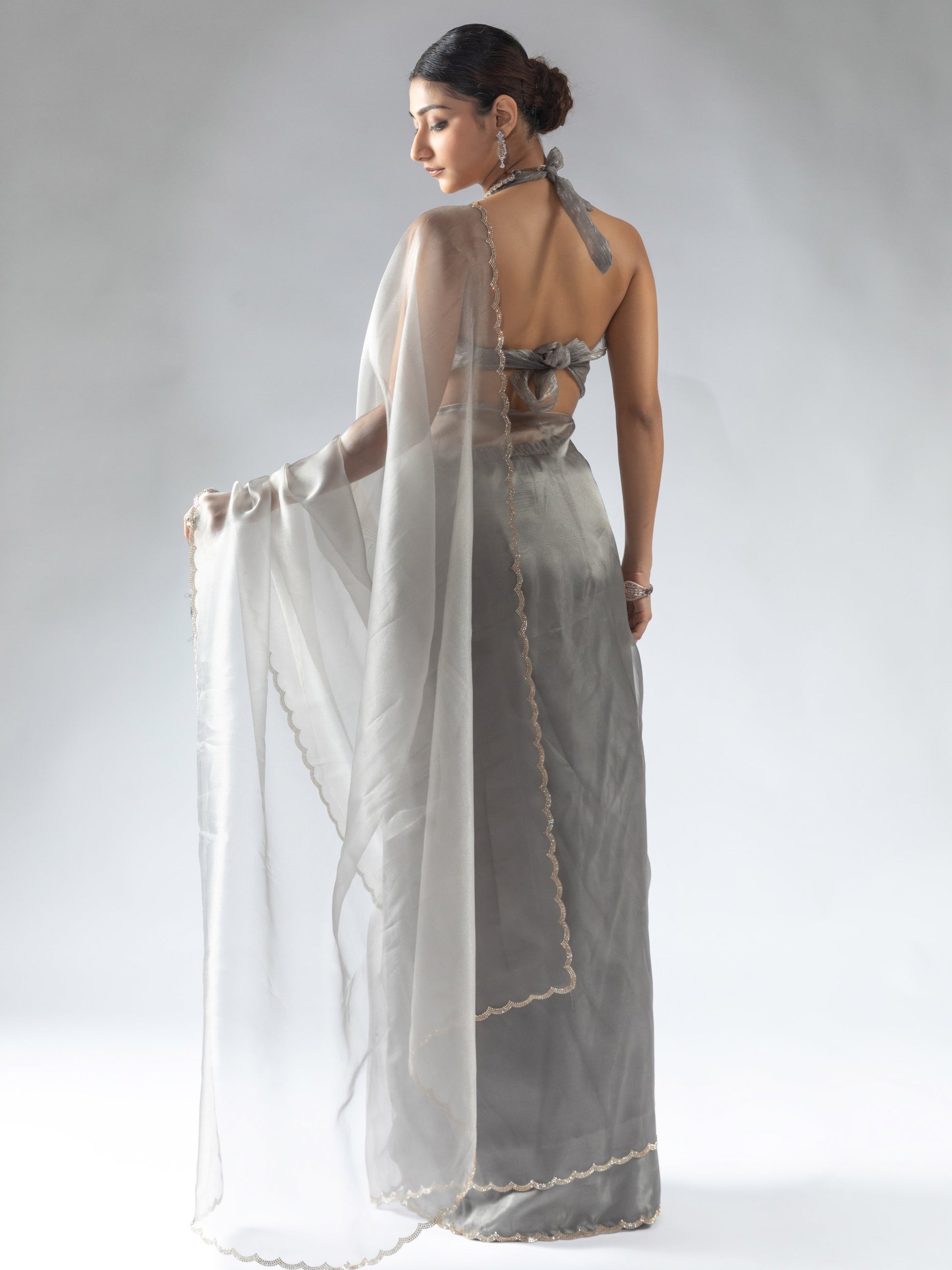 Beautiful Grey Border Work Organza Reception Wear Pre-Stitched Saree