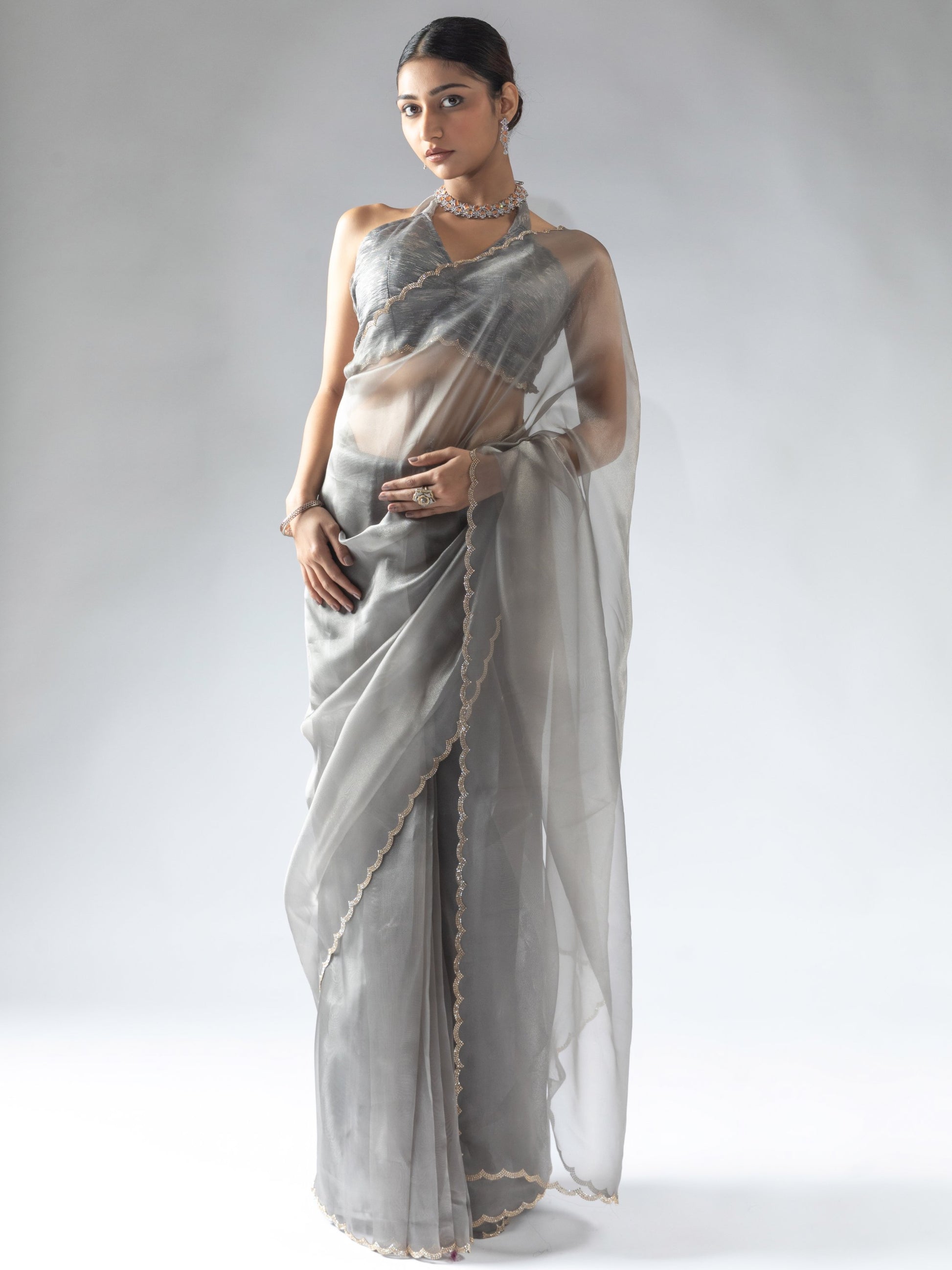 Beautiful Grey Border Work Organza Reception Wear Pre-Stitched Saree