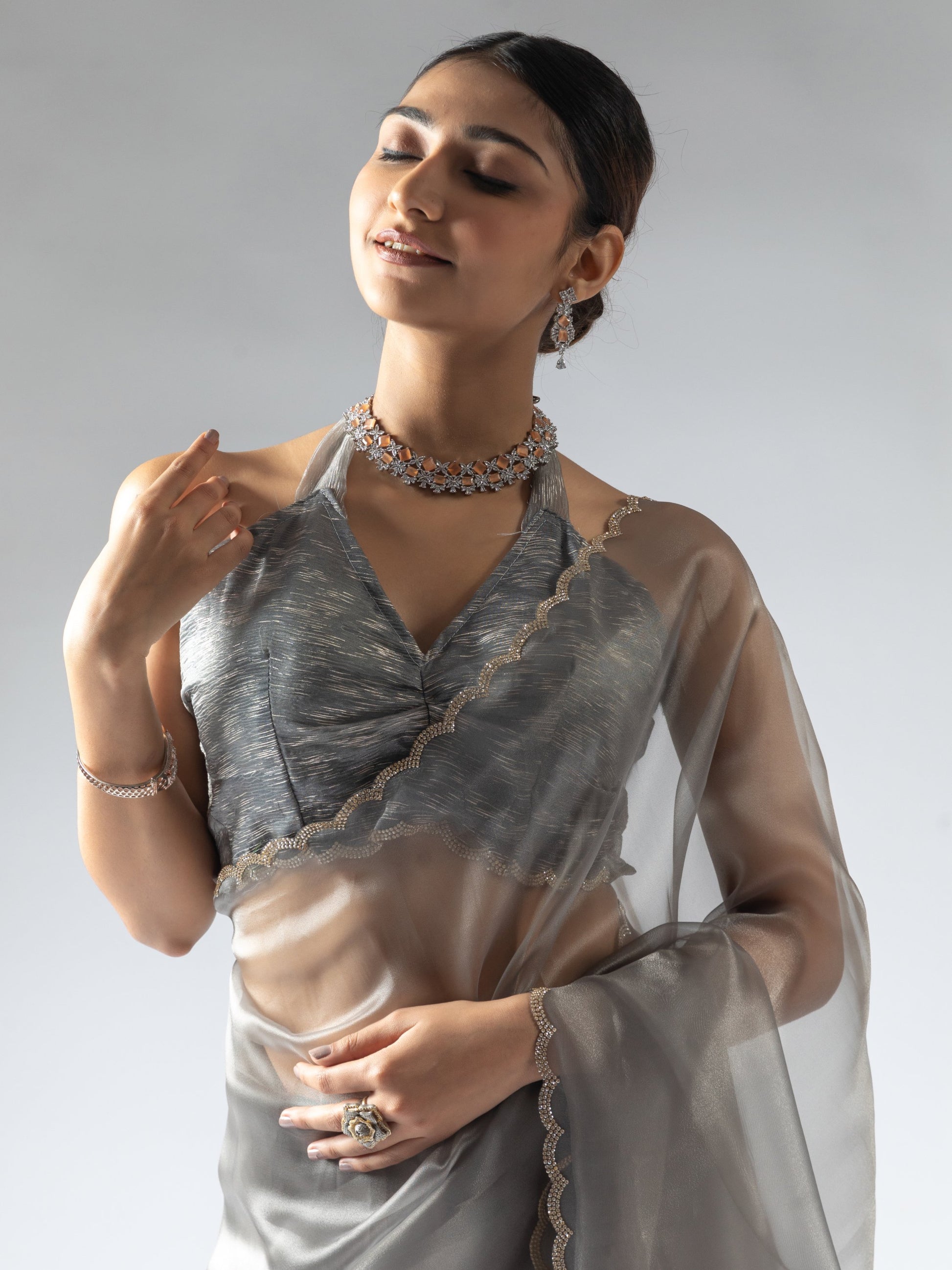 Beautiful Grey Border Work Organza Reception Wear Pre-Stitched Saree
