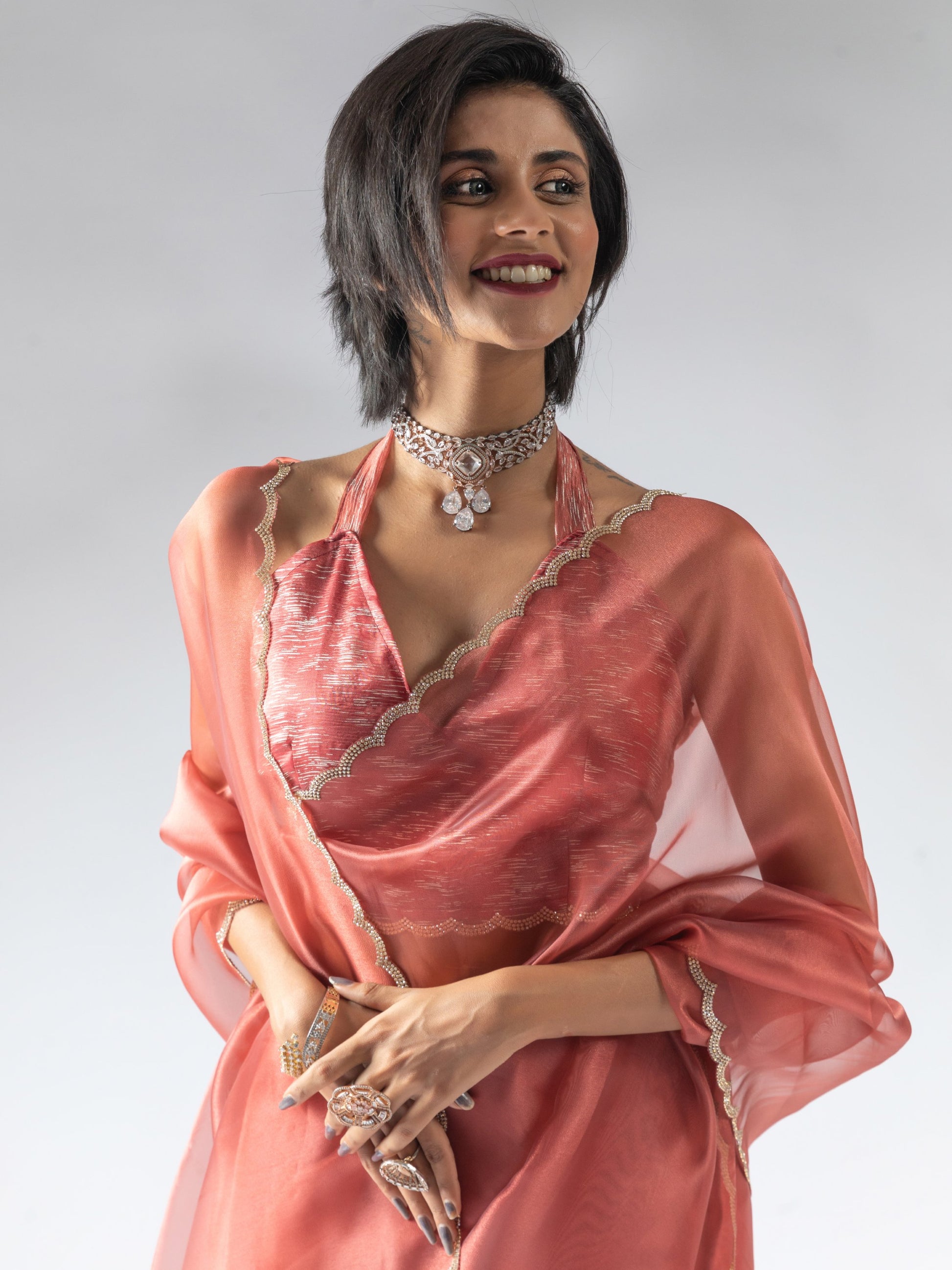 Adorable Peach Border Work Organza Party Wear Pre-Stitched Saree