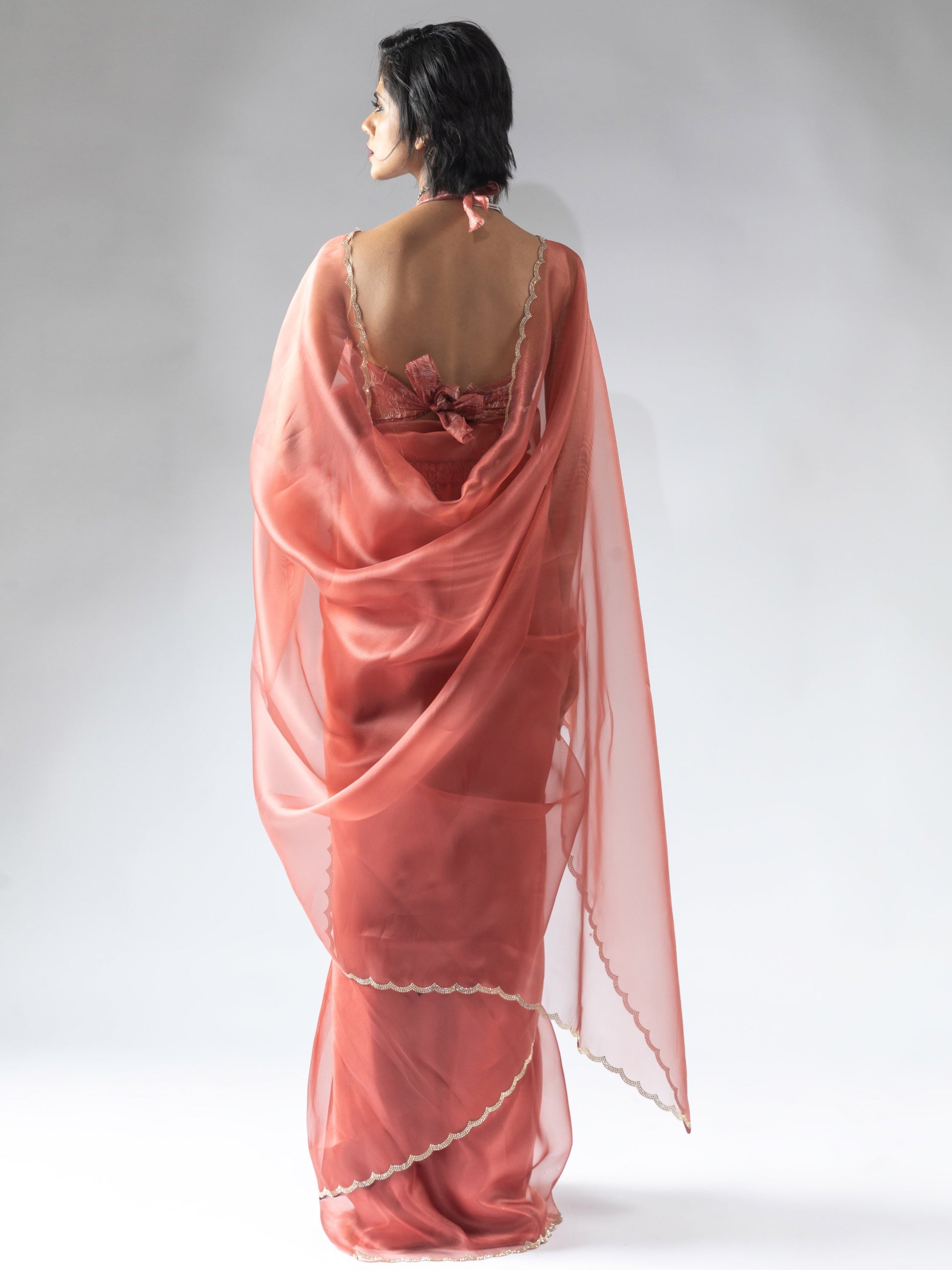 Adorable Peach Border Work Organza Party Wear Pre-Stitched Saree